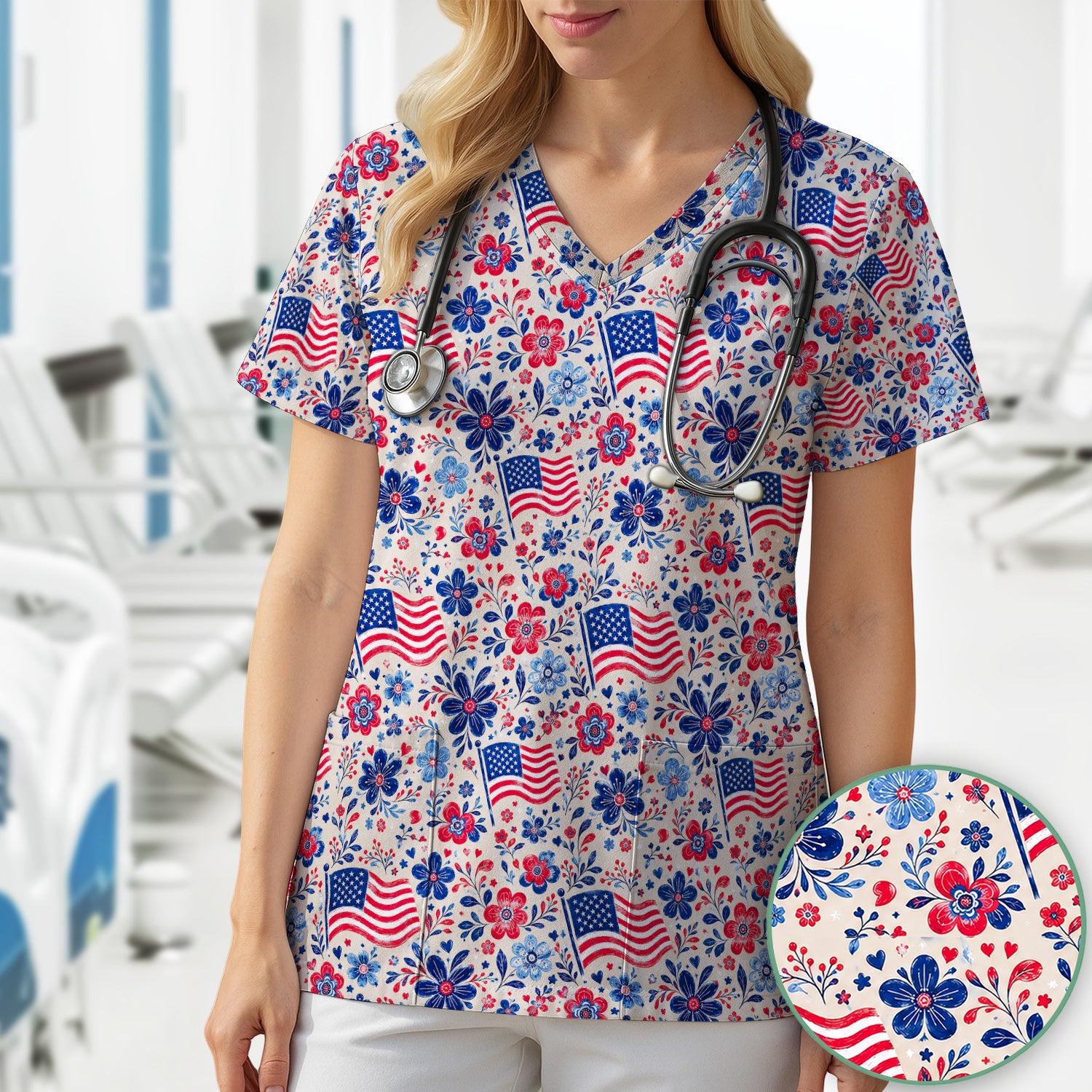 Patriotic Flag Floral Nurse Scrub Top for RN, CNA, Fourth Of July Uniform