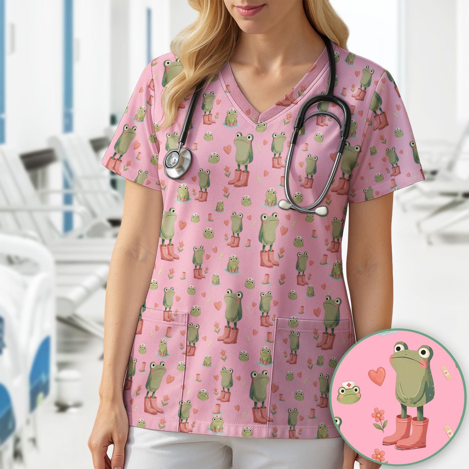 Adorable Frog Boots Heart Pattern Scrub Top, Comfortable Scrubs for Nurses