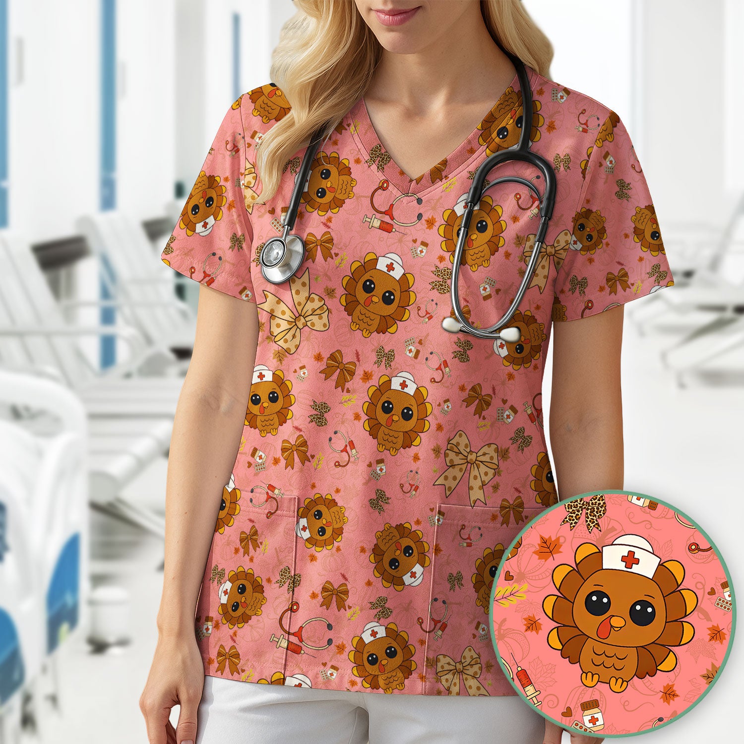 Thanksgiving Turkey Nurse Scrub Top for Women - Cute Fall Leaves and Bow Shirt - Autumn Medical Shirt Gift for RN CNA LPN Doctor