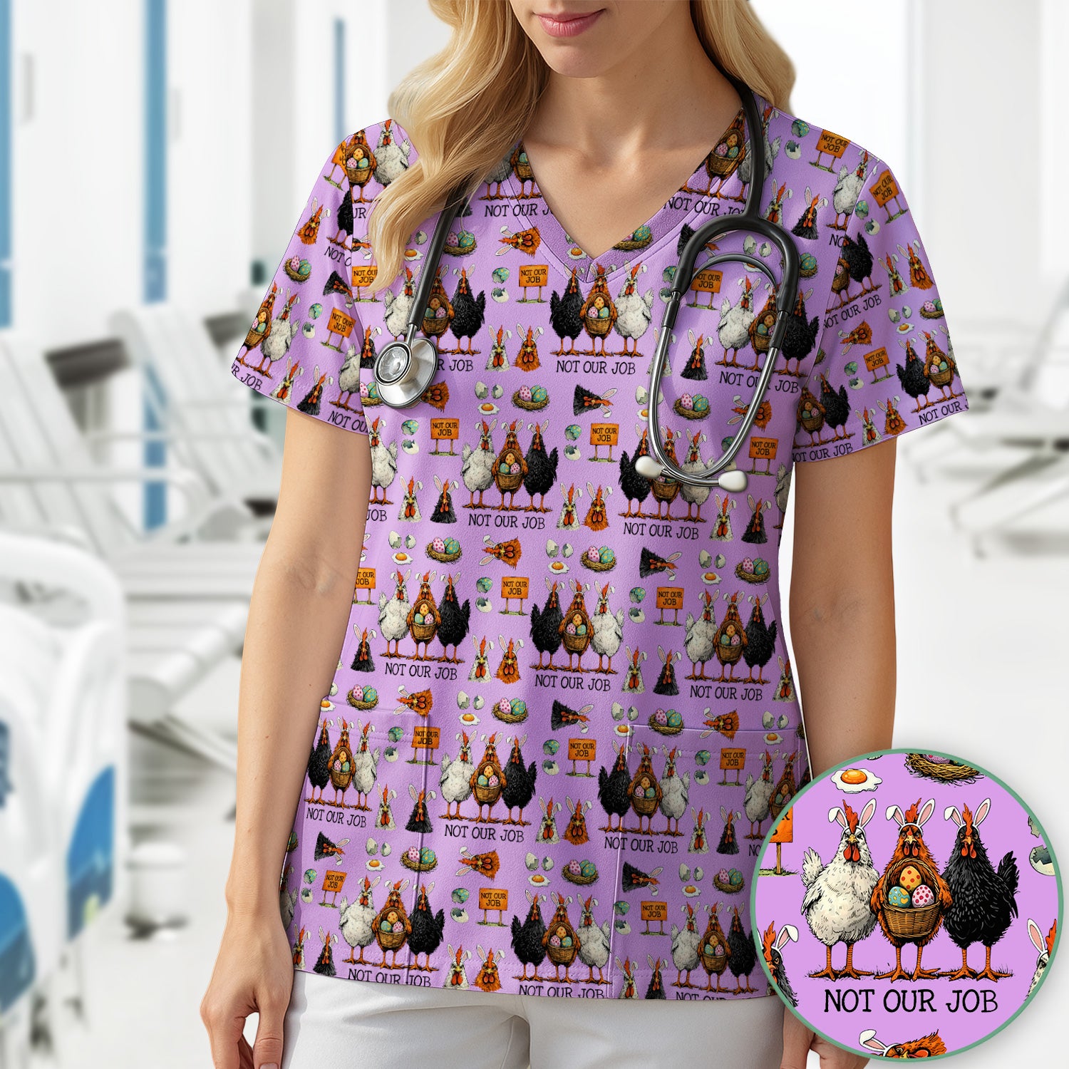 Funny Easter Chicken Humor Pattern Scrub Top, Comfortable Scrubs for Nurses