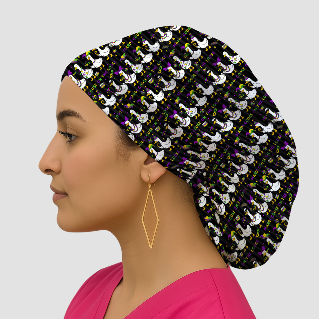 Mardi Gras Goose Nurse Scrub Cap, Funny Carnival Medical Pattern Nurse Hat, Breathable Fabrics Nursing Uniform