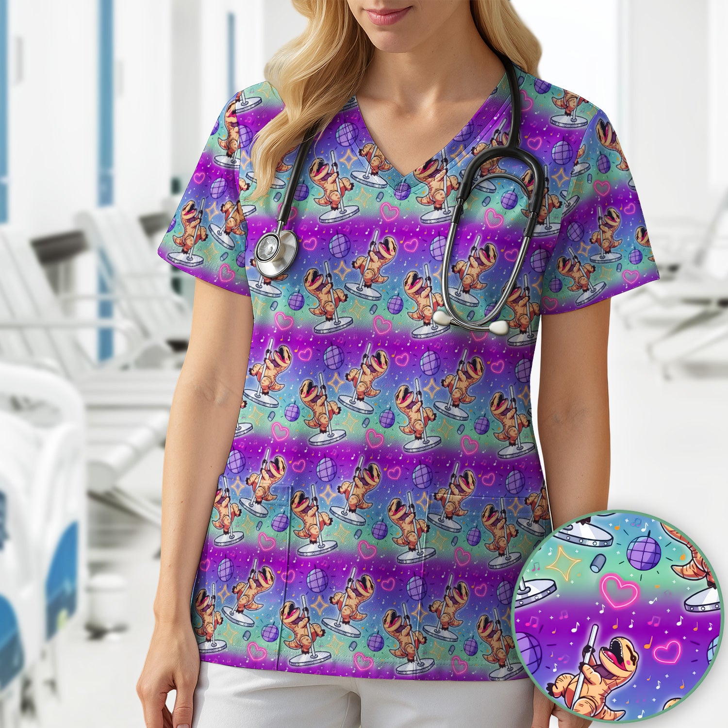 Funny Dancing Dinosaur Disco Party Pattern Nurse Scrub Top, Comfortable Scrubs for Nurses