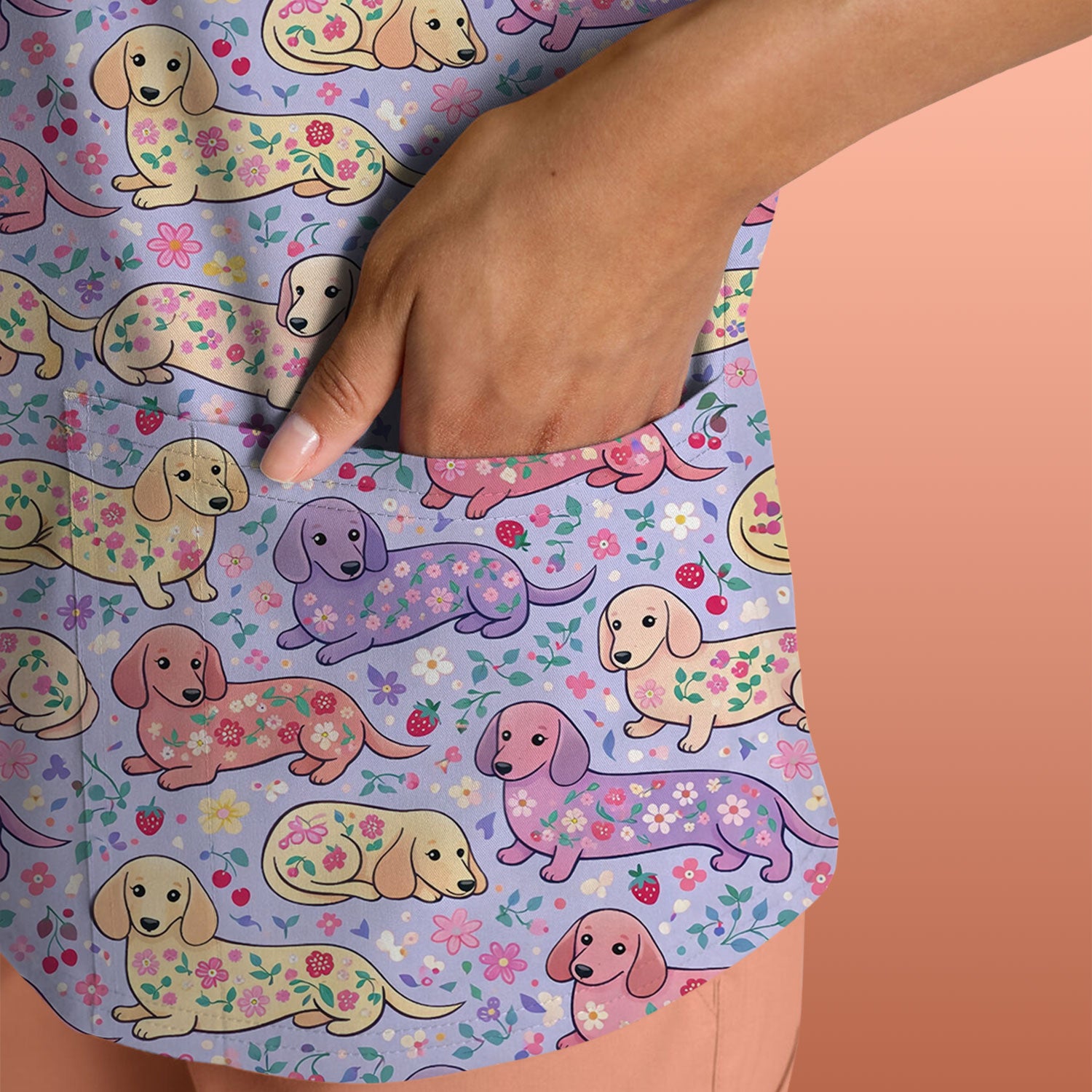 Cute Dachshund Floral Pattern Scrub Top, Comfortable Scrubs For Nurses