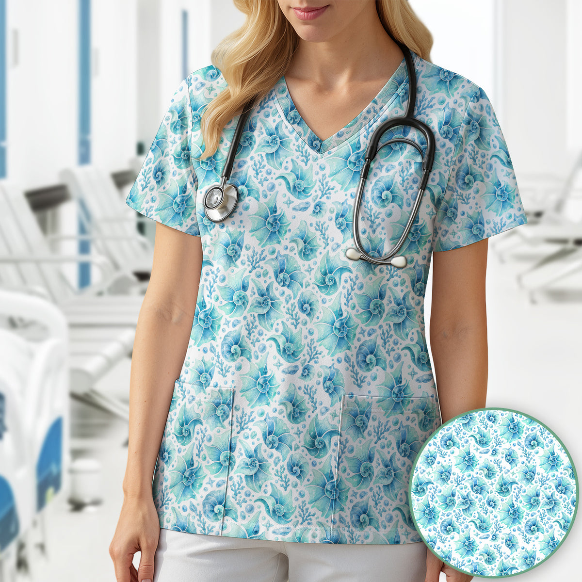 Blue Watercolor Seashell Pattern Scrub Top, Comfortable Scrubs for Nurses
