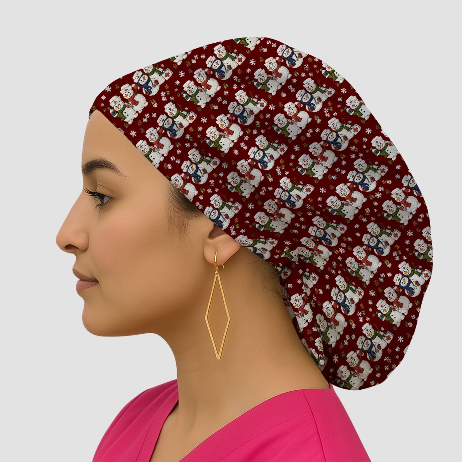 Cute Christmas Snowman Nurse Pattern Print Cap, Bouffant Scrub Caps for Women