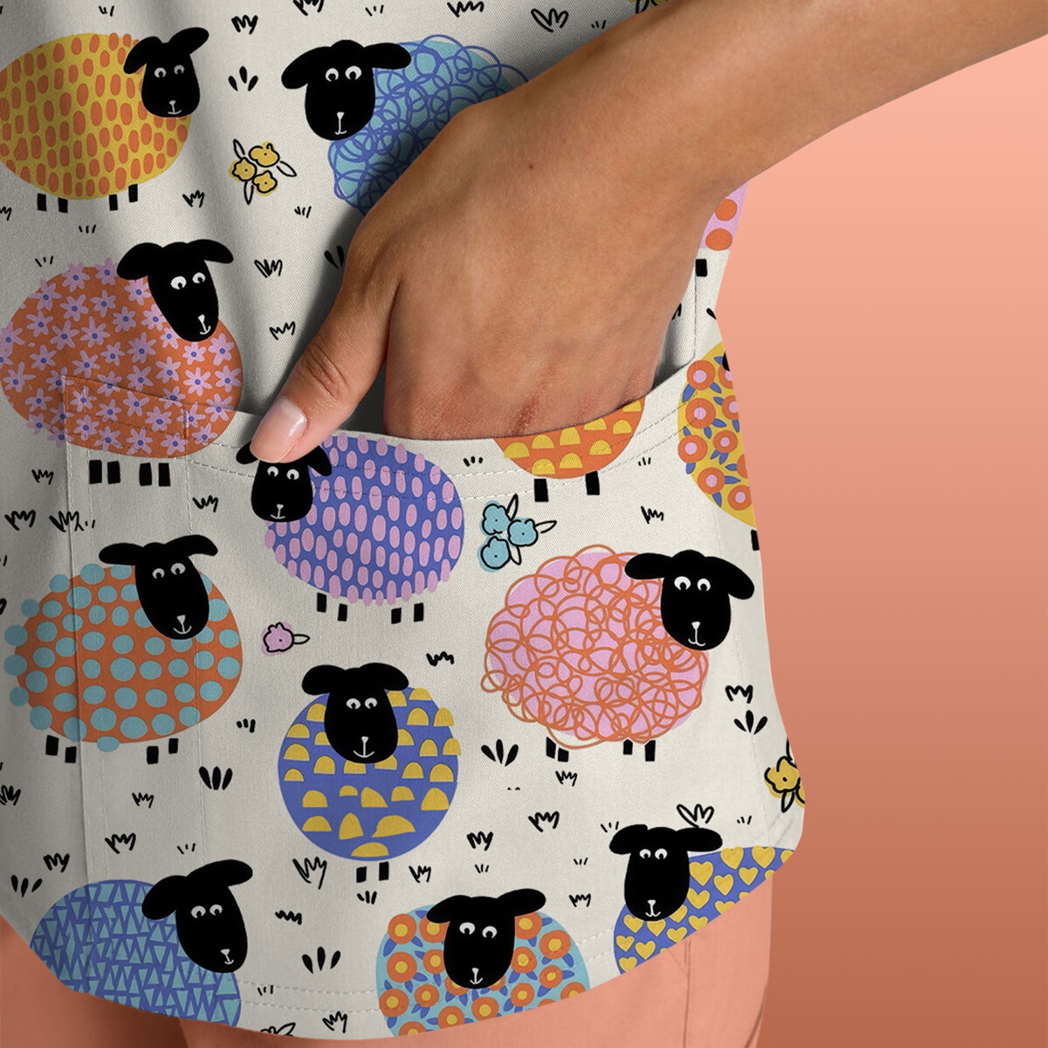 Adorable Colorful Sheep Pattern Scrubs Top, Breathable Fabrics Nursing Uniform