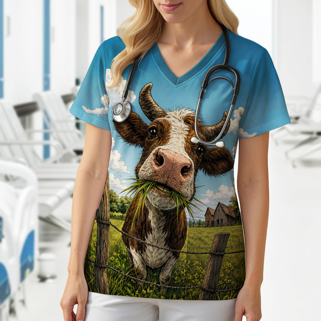 Curious Highland Cow Farm Scene Scrub Top, Comfortable Scrubs for Nurses