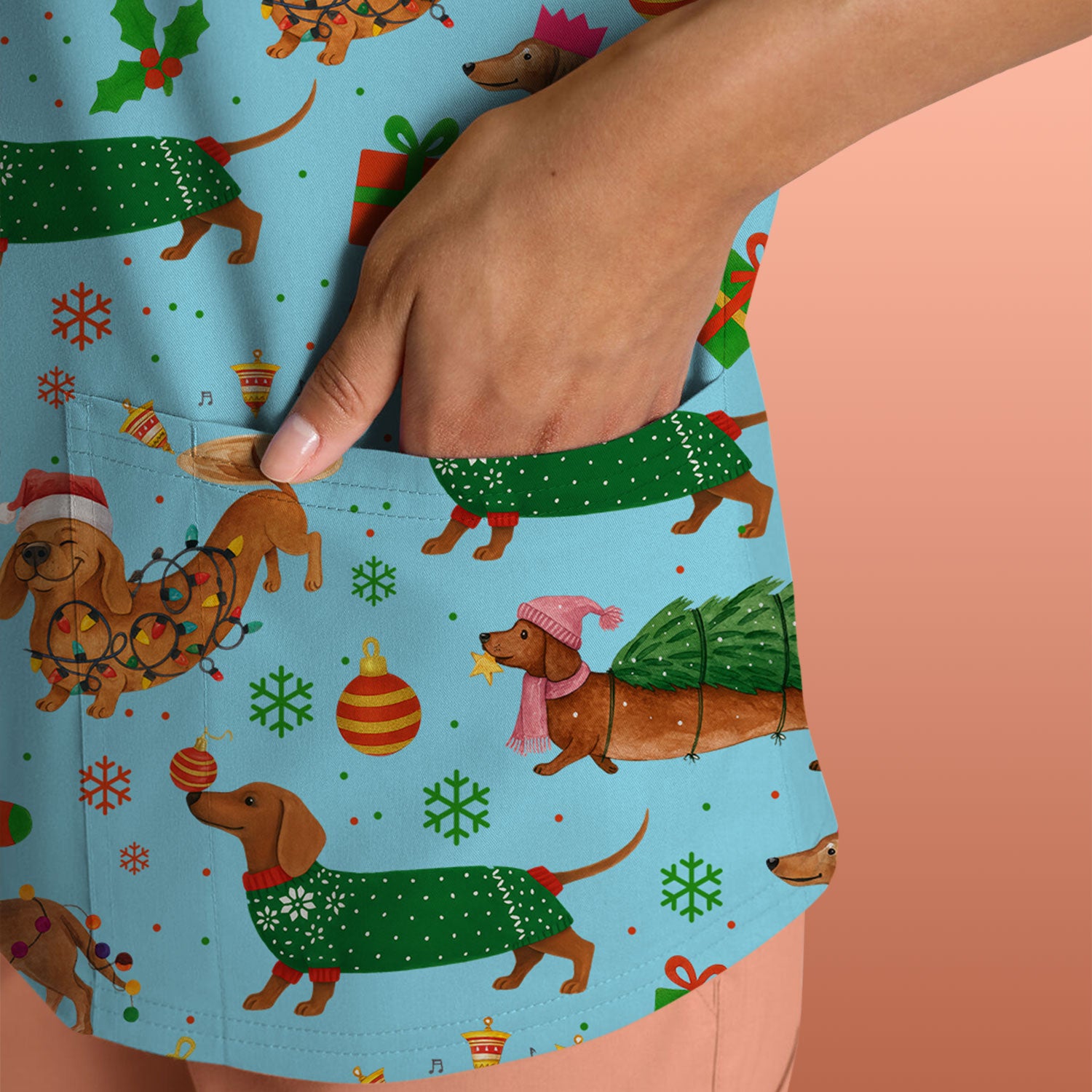 Funny Christmas Dog Scrub Top - Dachshund Multi Color Scrub Shirt - Holiday Scrubs Gift for Nurse, CNA, RN, Doctor, Medical Staff
