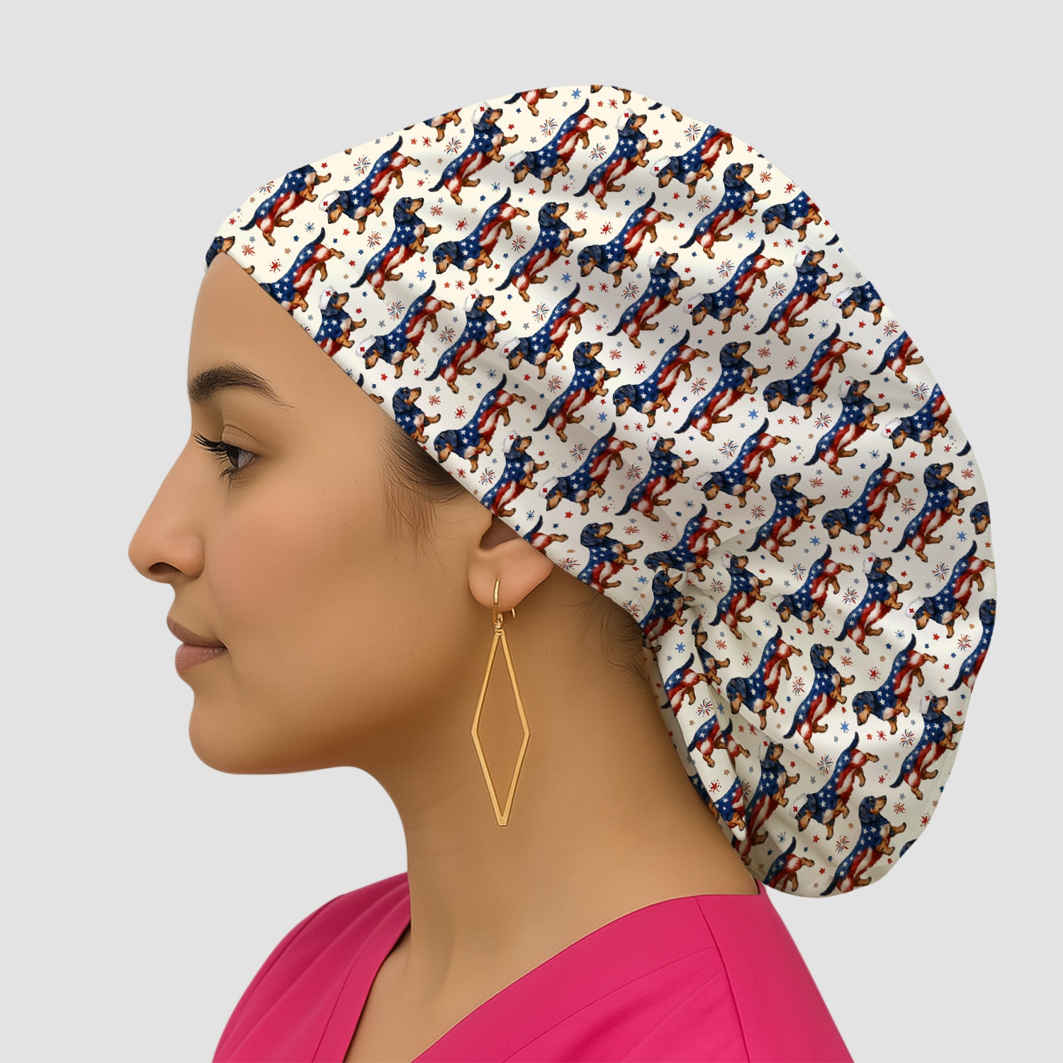 Patriotic Dachshund Dog American Flag Pattern Nurse Scrub Cap, Surgical Caps for Doctors