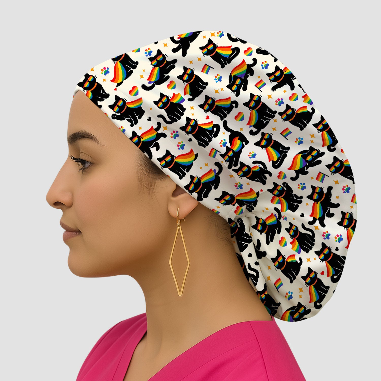 Rainbow Black Cat Pride Pattern Scrub Cap, Surgical Caps for Doctors