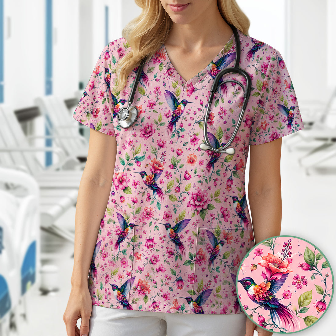 Pink Hummingbird Floral Garden Pattern Scrub Top, Comfortable Scrubs for Nurses