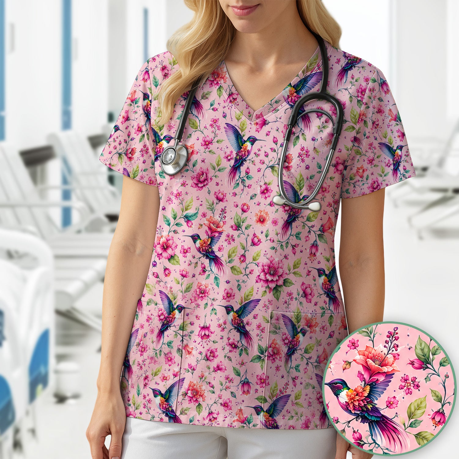 Pink Hummingbird Floral Garden Pattern Scrub Top, Comfortable Scrubs for Nurses
