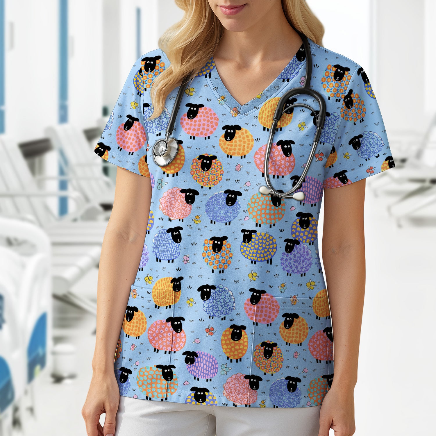 Funny Colorful Sheep Pattern Scrub Top, Comfortable Scrubs for Nurses