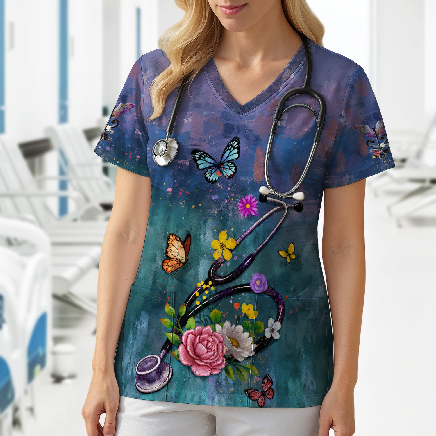 Floral Stethoscope Nurse Scrub Top for RN, CNA, Healthcare Workers, Medical Uniform