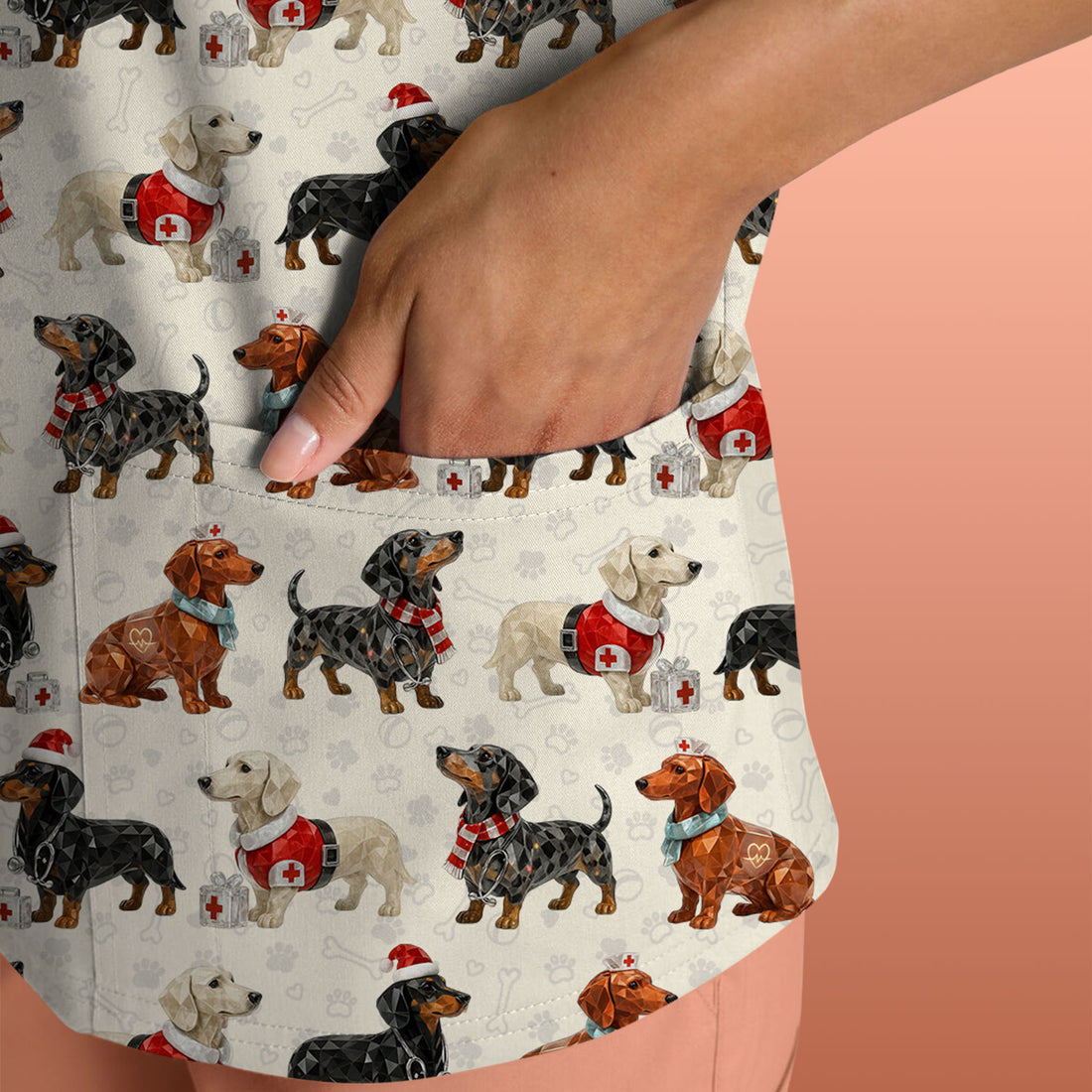 Funny Dachshund Christmas Dog Nurse Scrub Top, Holiday Puppy Medical Uniform Shirt For Nursing