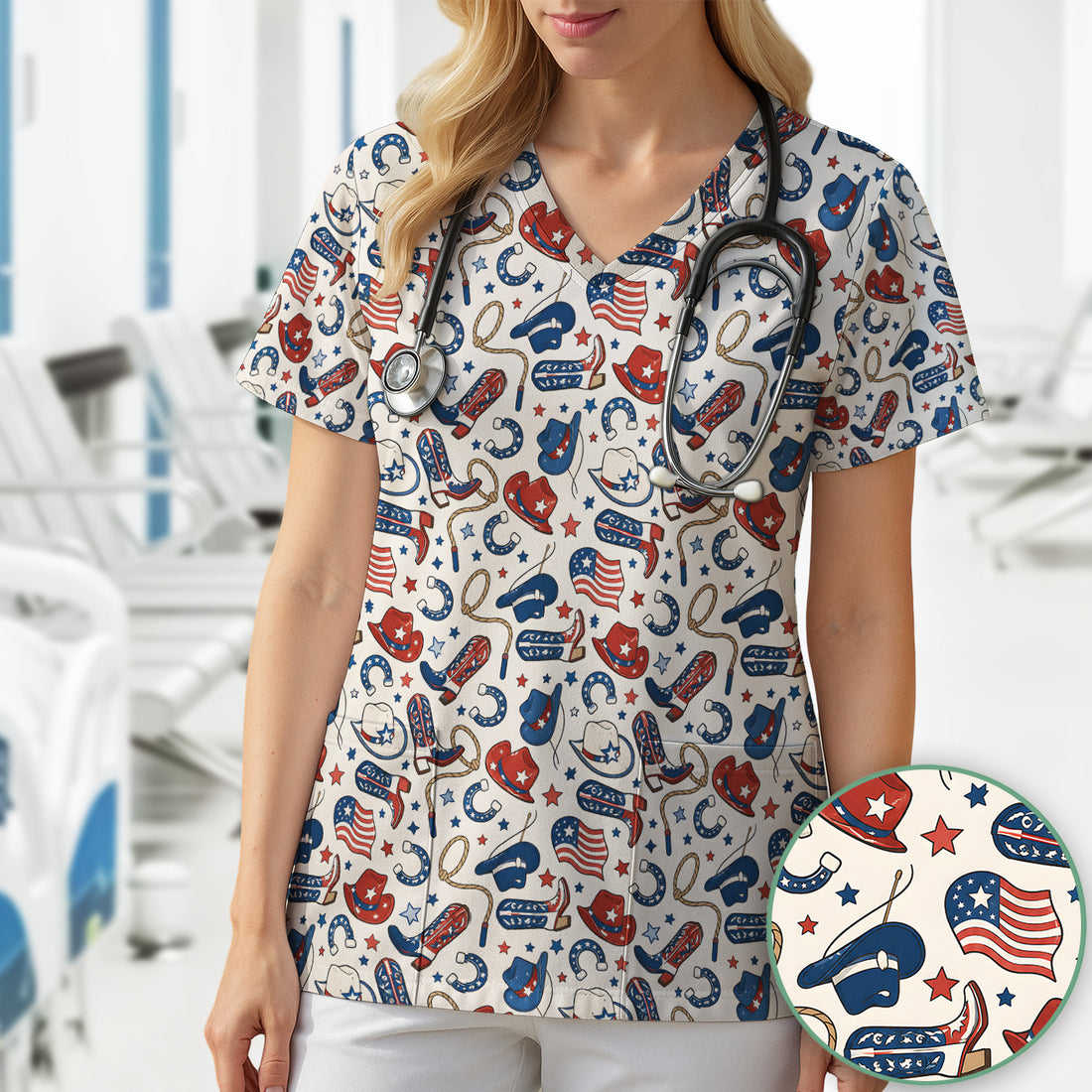 Patriotic Cowboy Boots Horseshoe Pattern Scrub Top, Comfortable Scrubs for Nurses