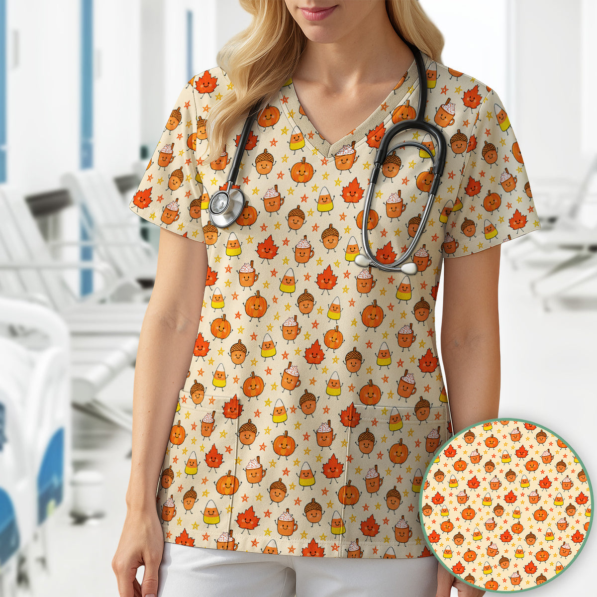 Cute Fall Pumpkin Spice Doodles Scrub Top, Comfortable Scrubs for Nurses