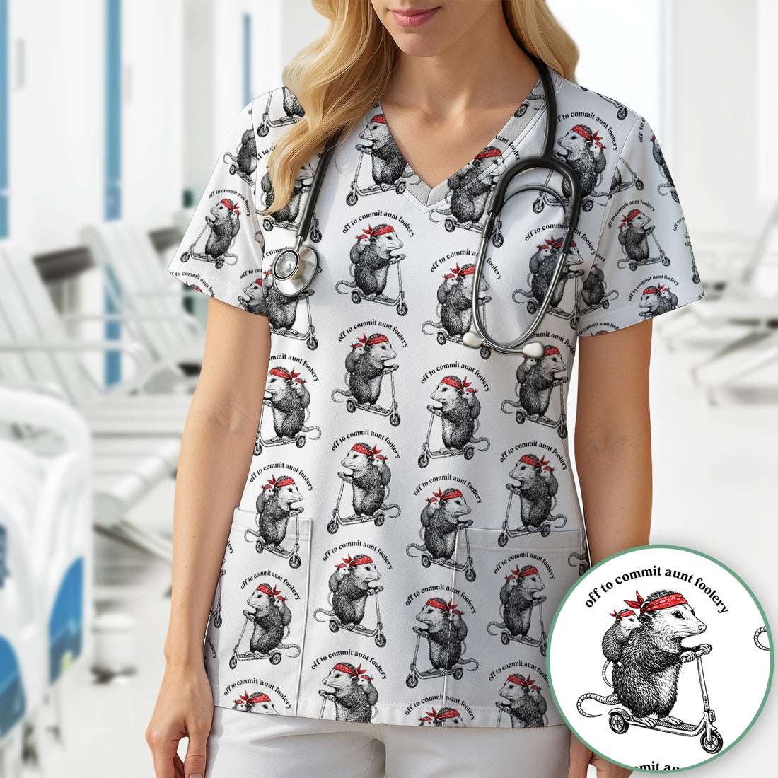 Aunt Foolery Opossum Pattern Scrub Top, Comfortable Scrubs for Nurses