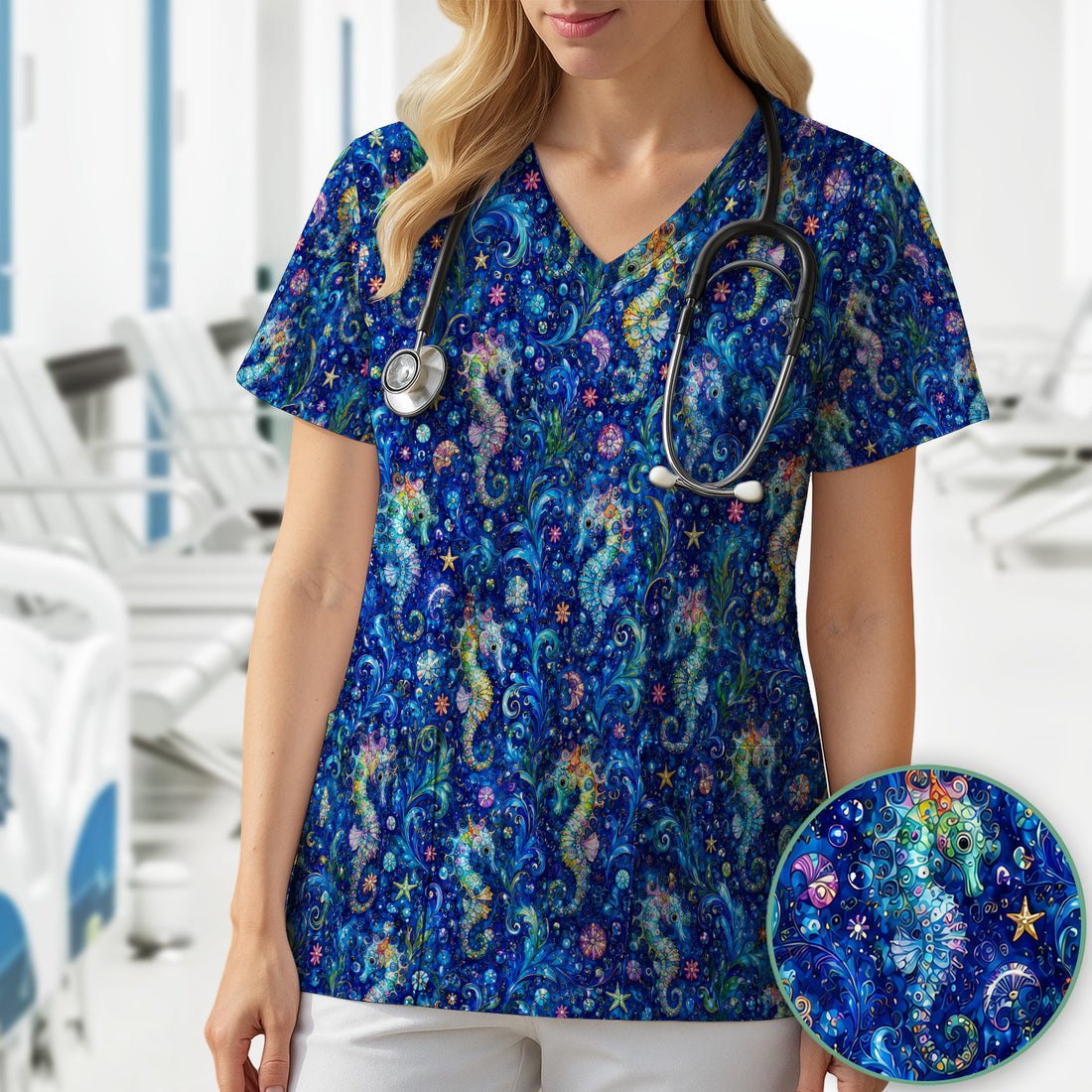 Vibrant Seahorse Ocean Swirl Pattern Scrub Top, Comfortable Scrubs for Nurses