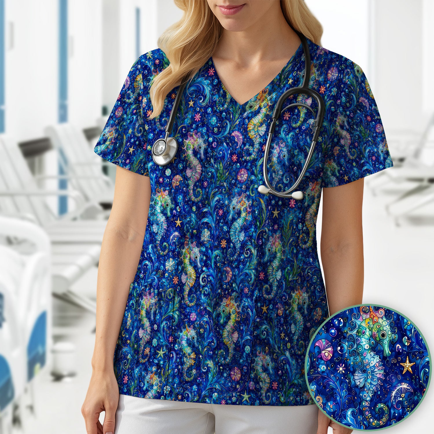 Vibrant Seahorse Ocean Swirl Pattern Scrub Top, Comfortable Scrubs for Nurses