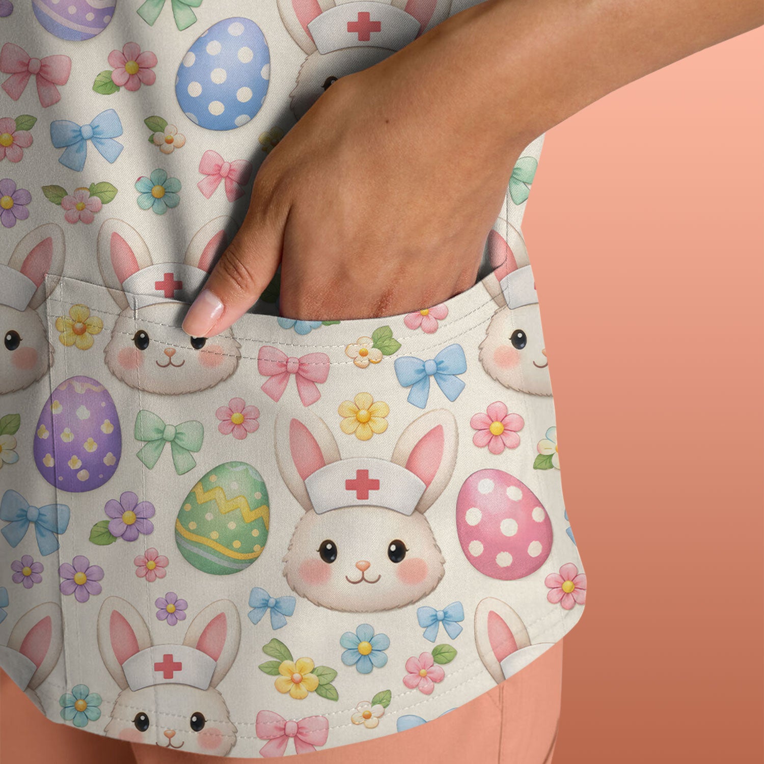 Cute Easter Nurse Bunny Egg Scrub Top, Breathable Fabrics Nursing Uniform