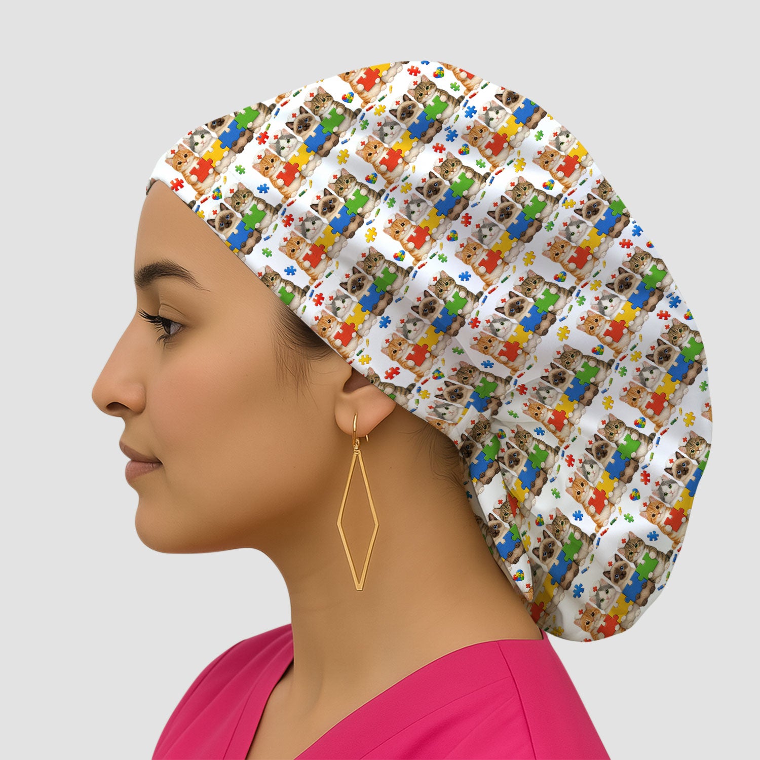 Autism Awareness Nurse Scrub Cap, Cat Autism Pattern Nurses Hat, Comfortable Uniform Scrubs For Nursing