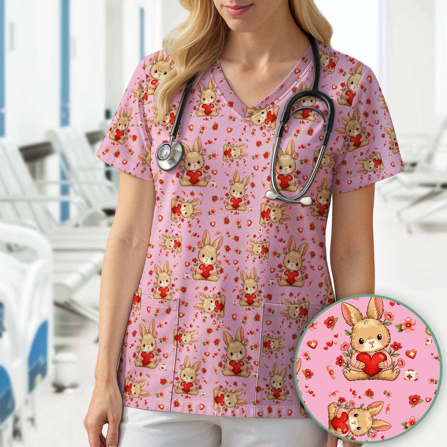 Adorable Bunny Heart Healthcare Design Scrub Top, Comfortable Scrubs for Nurses, Easter