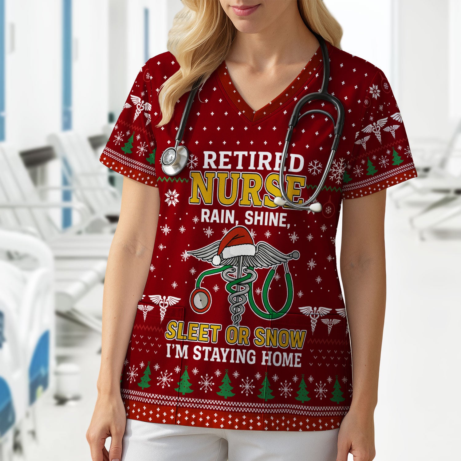 Retired Nurse Christmas Scrub Top, Funny Holiday Nurse Shirt, Rain Shine Sleet or Snow I’m Staying Home Uniform