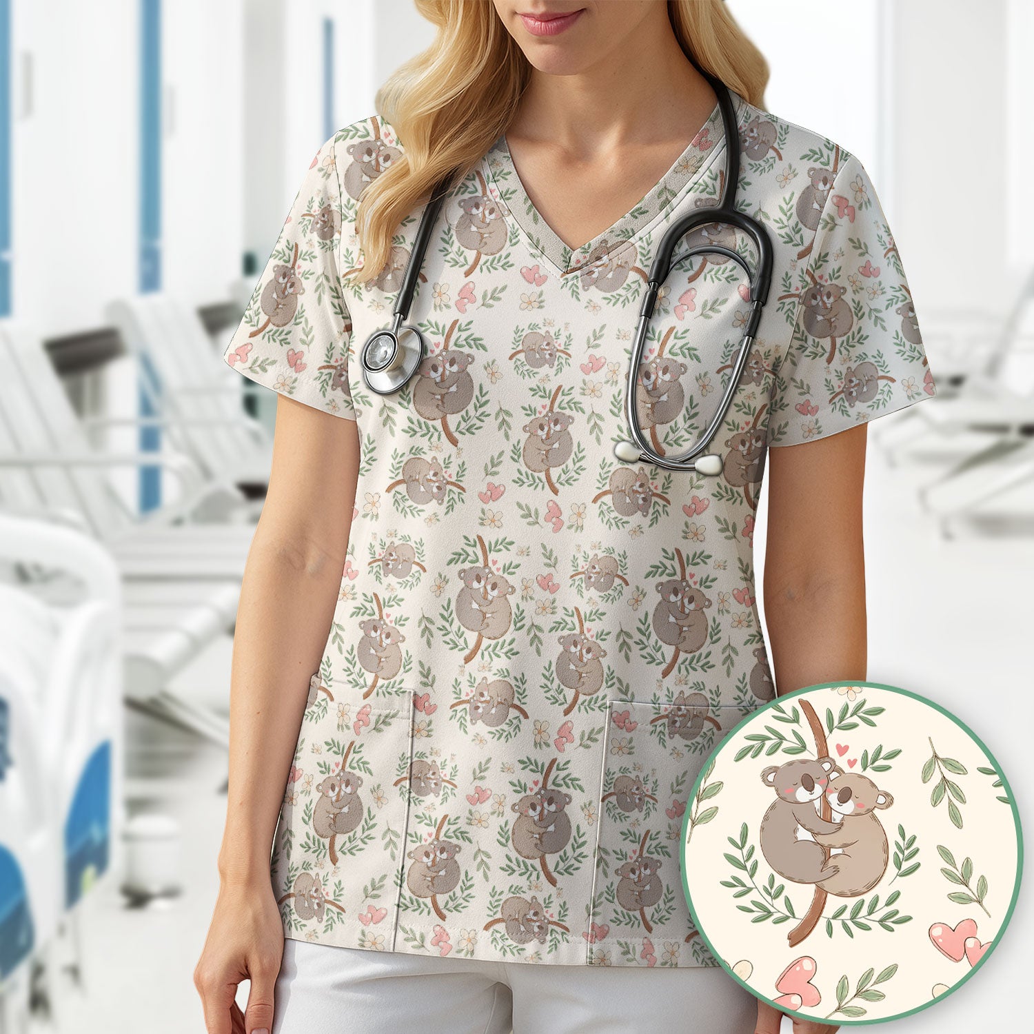Cute Koala Love Pattern Medical Scrub Top, Breathable Fabrics Nursing Uniform