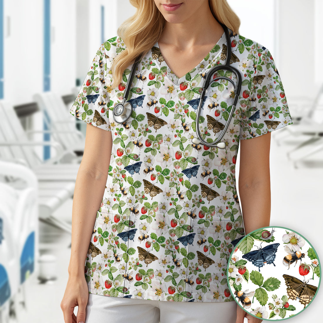 Charming Strawberry Butterfly Garden Pattern Scrub Top, Comfortable Scrubs for Nurses