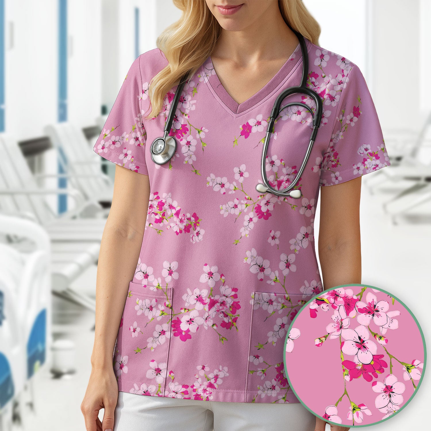 Elegant Cherry Blossom Floral Pattern Srubs, Comfortable Scrubs for Nurses