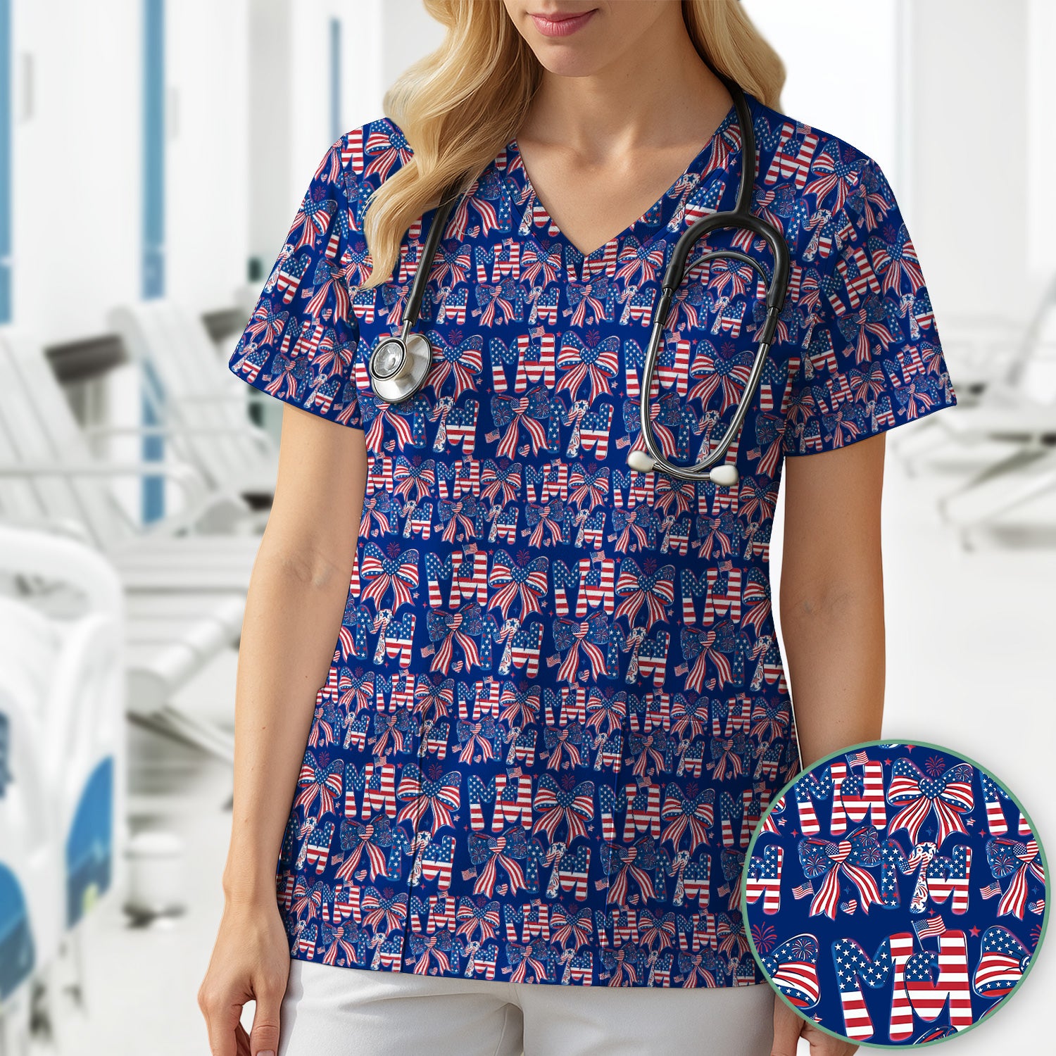 American Flag MaMa Bow Pattern Scrub Top, Comfortable Scrubs for Nurses