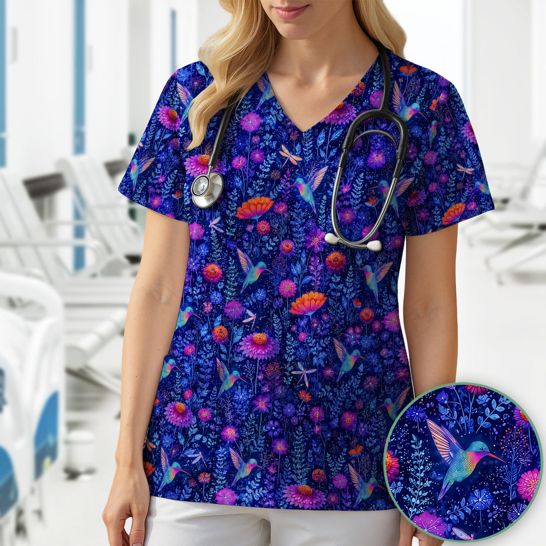 Enchanted Hummingbird Wildflower Garden Pattern Scrub Top, Comfortable Scrubs for Nurses
