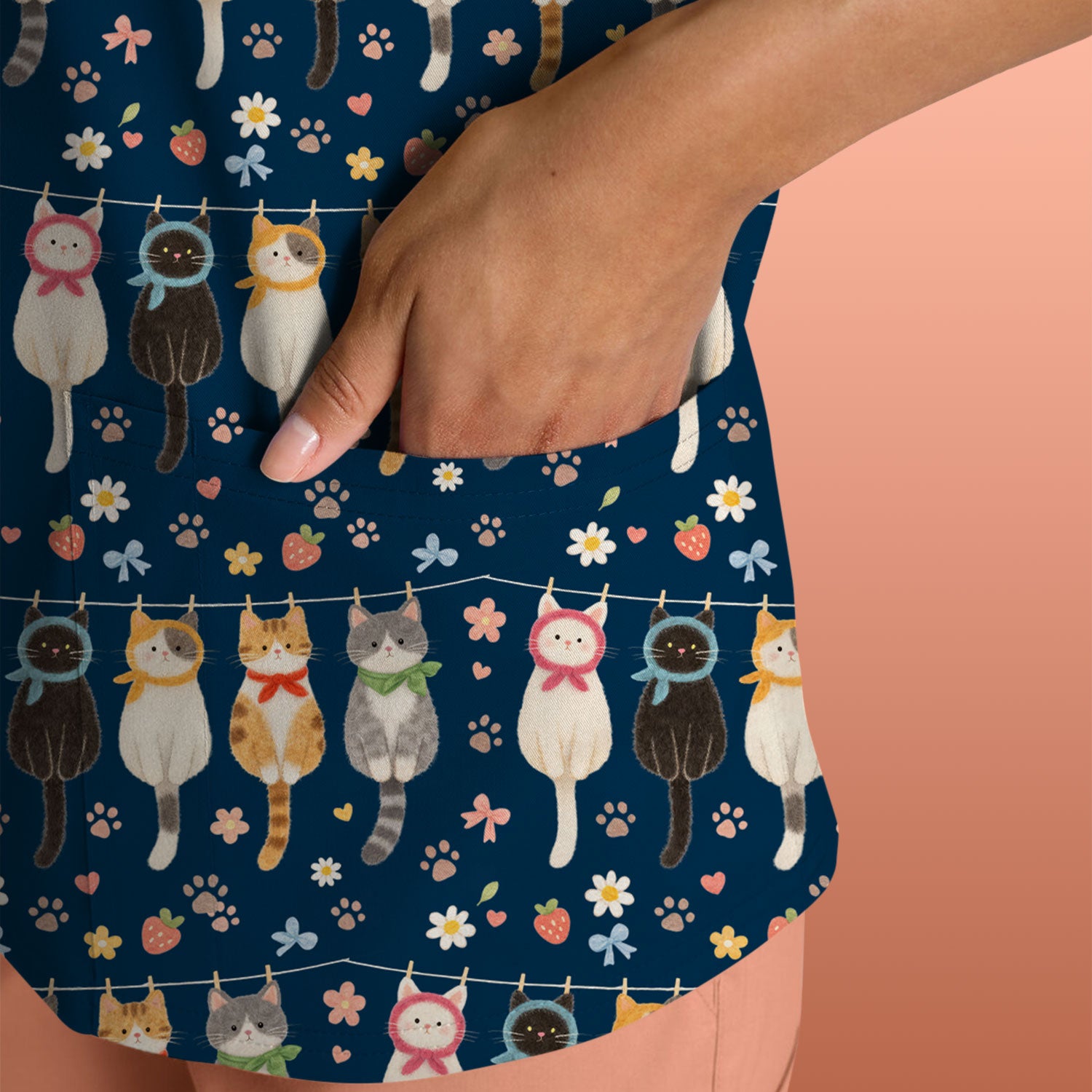 Cute Cat Clothesline Pattern Scrub Top, Comfortable Scrubs for Nurses