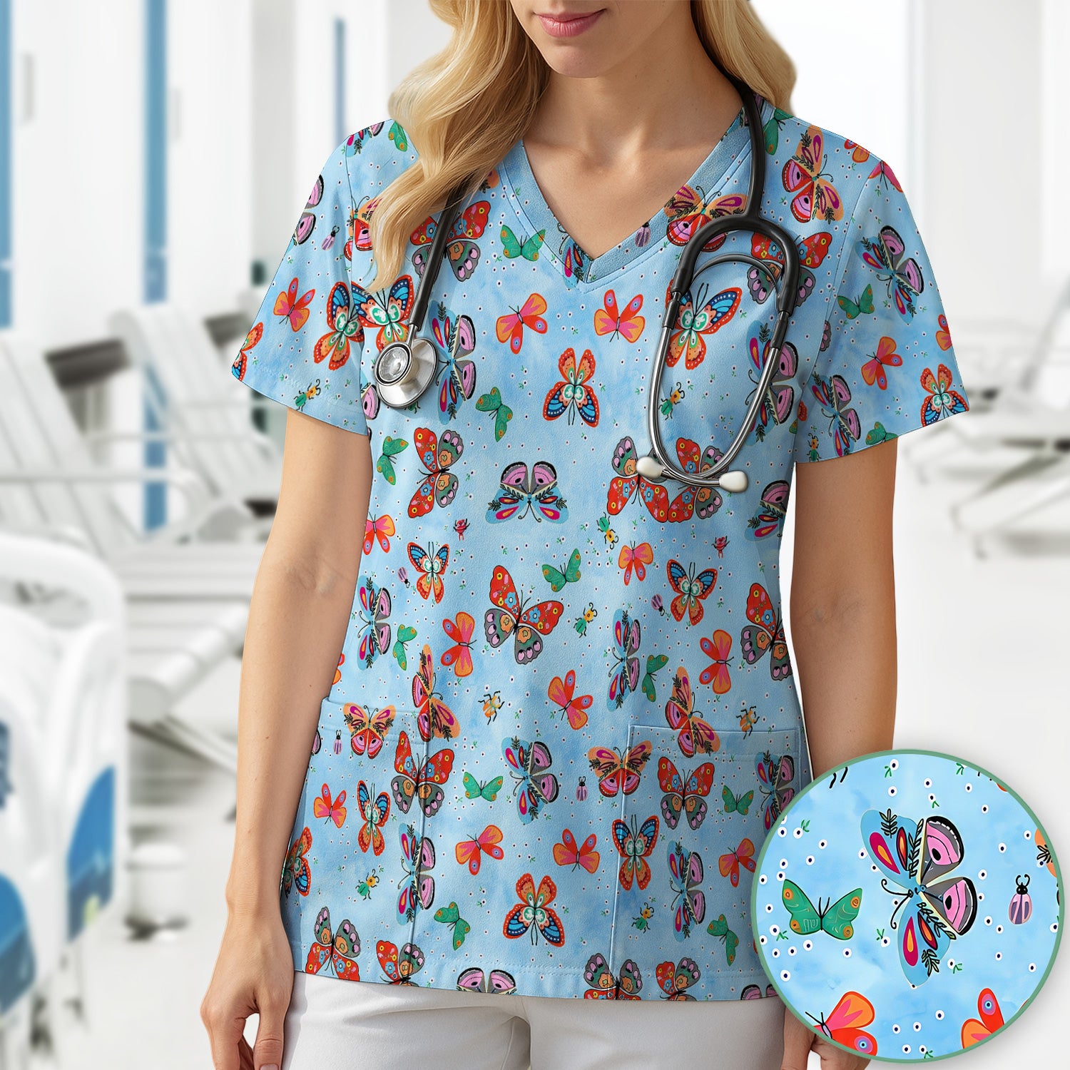 Colorful Butterfly Garden Pattern Scrub Top, Breathable Fabrics Nursing Uniform