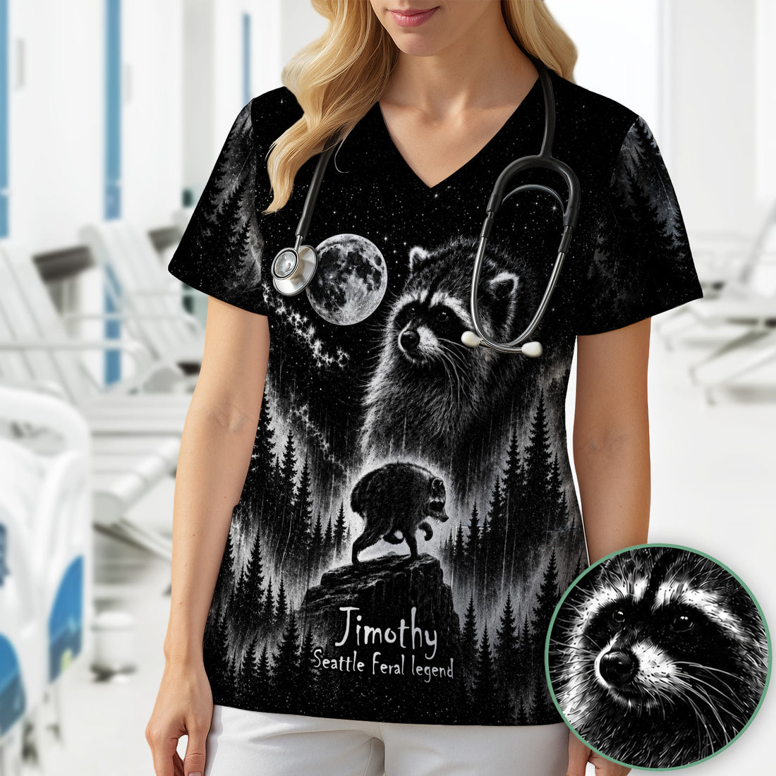 Moonlit Jimothy Raccoon Forest Print Scrub Top, Comfortable Scrubs for Nurses
