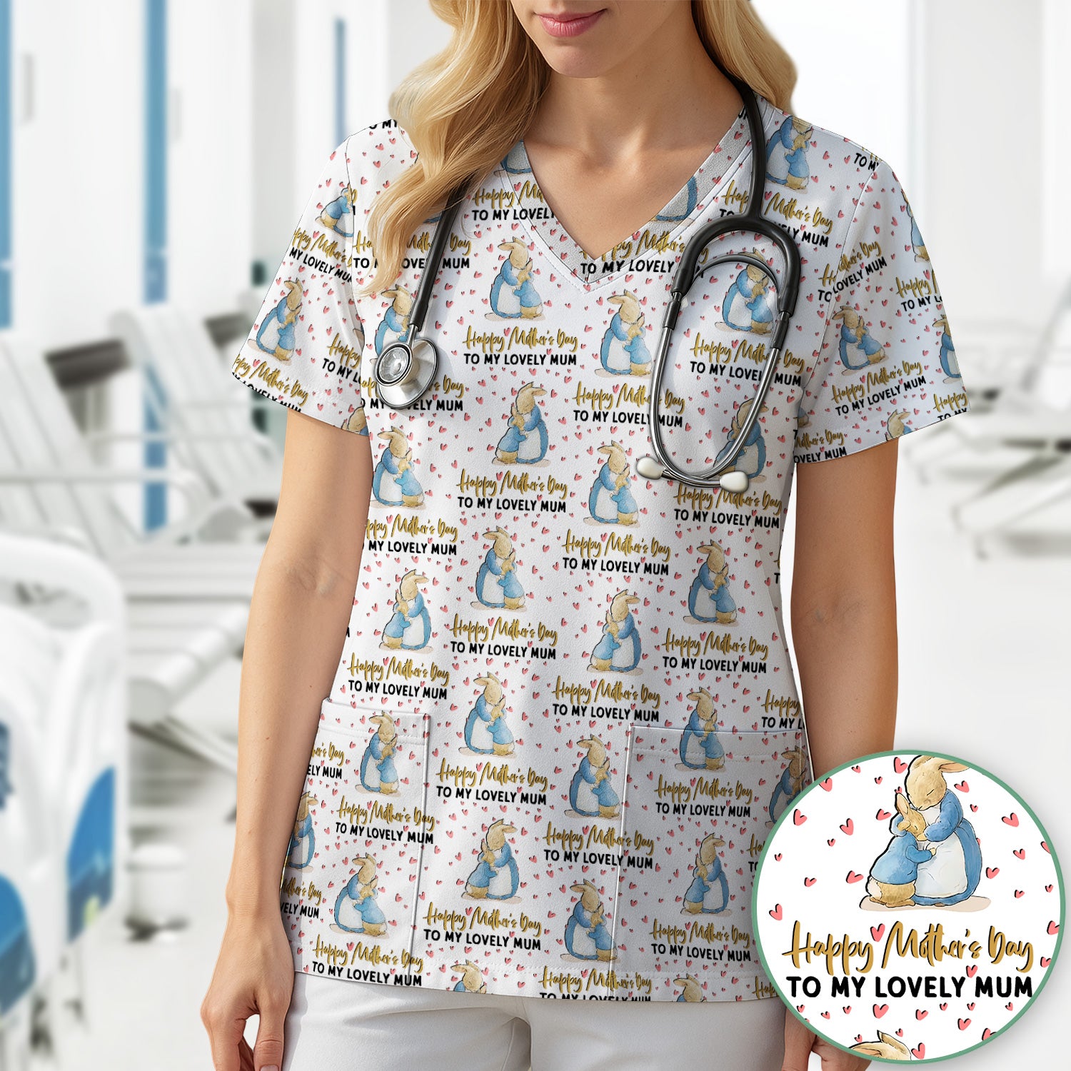 Happy Mothers Day Bunny Love Pattern Scrubs Top, Comfortable Scrubs for Nurses