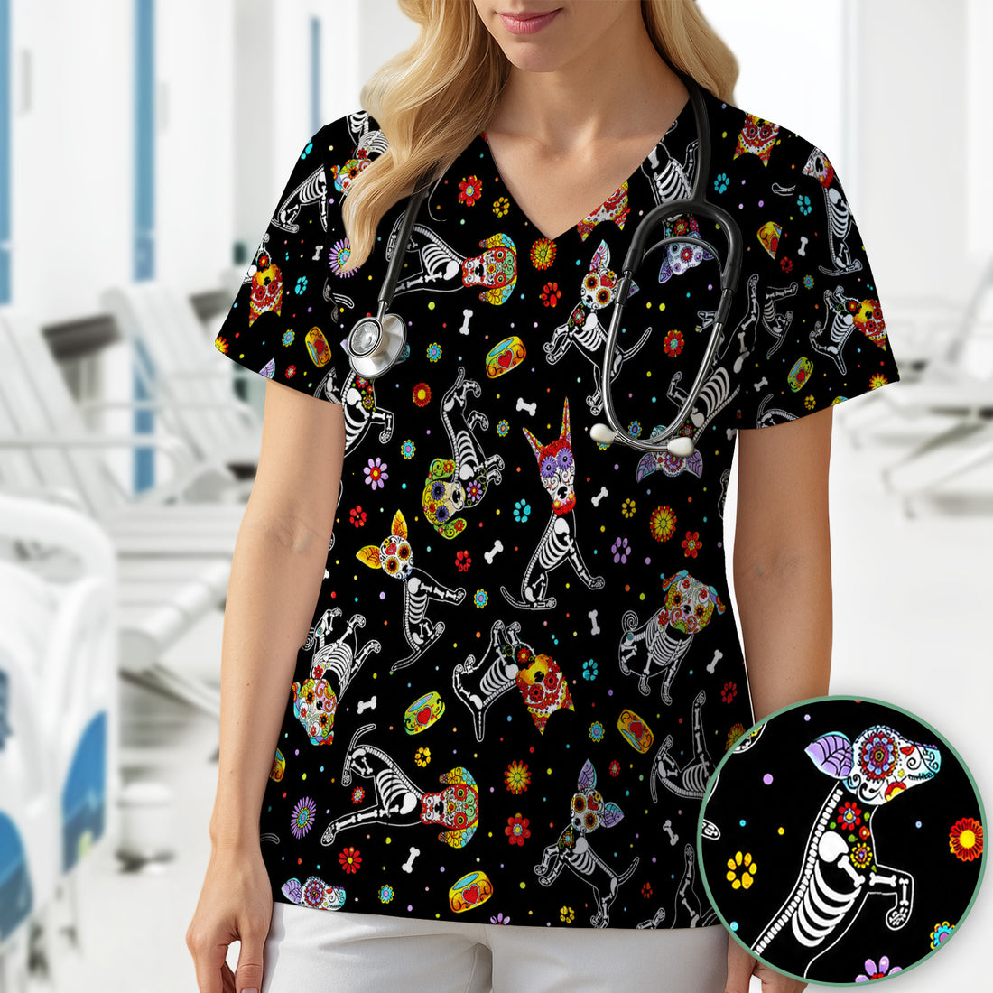 Colorful Day Of The Dead Dogs Scrub Top, Comfortable Scrubs for Nurses