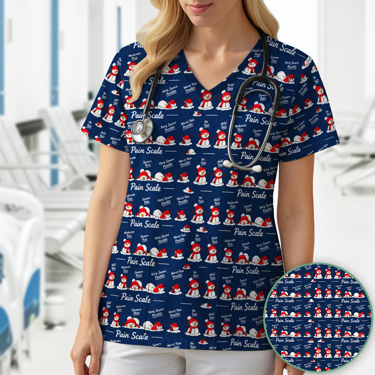 Funny Christmas Snowman Pain Scale Scrub Top, Comfortable Scrubs for Nurses
