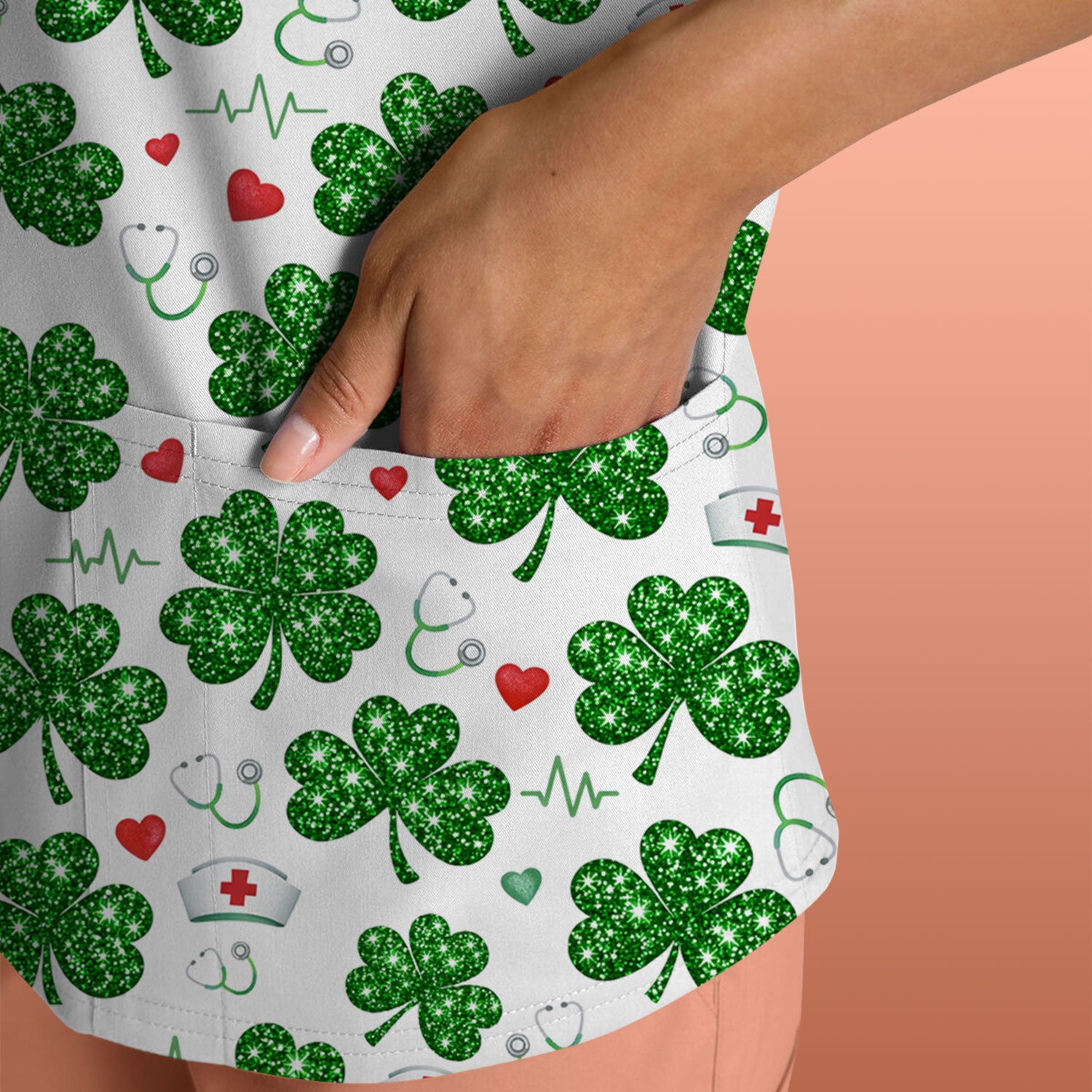 St. Patrick’s Day Nurse Scrub Top, Green Clover Medical Pattern Shirt, Breathable Fabrics Nursing Uniform