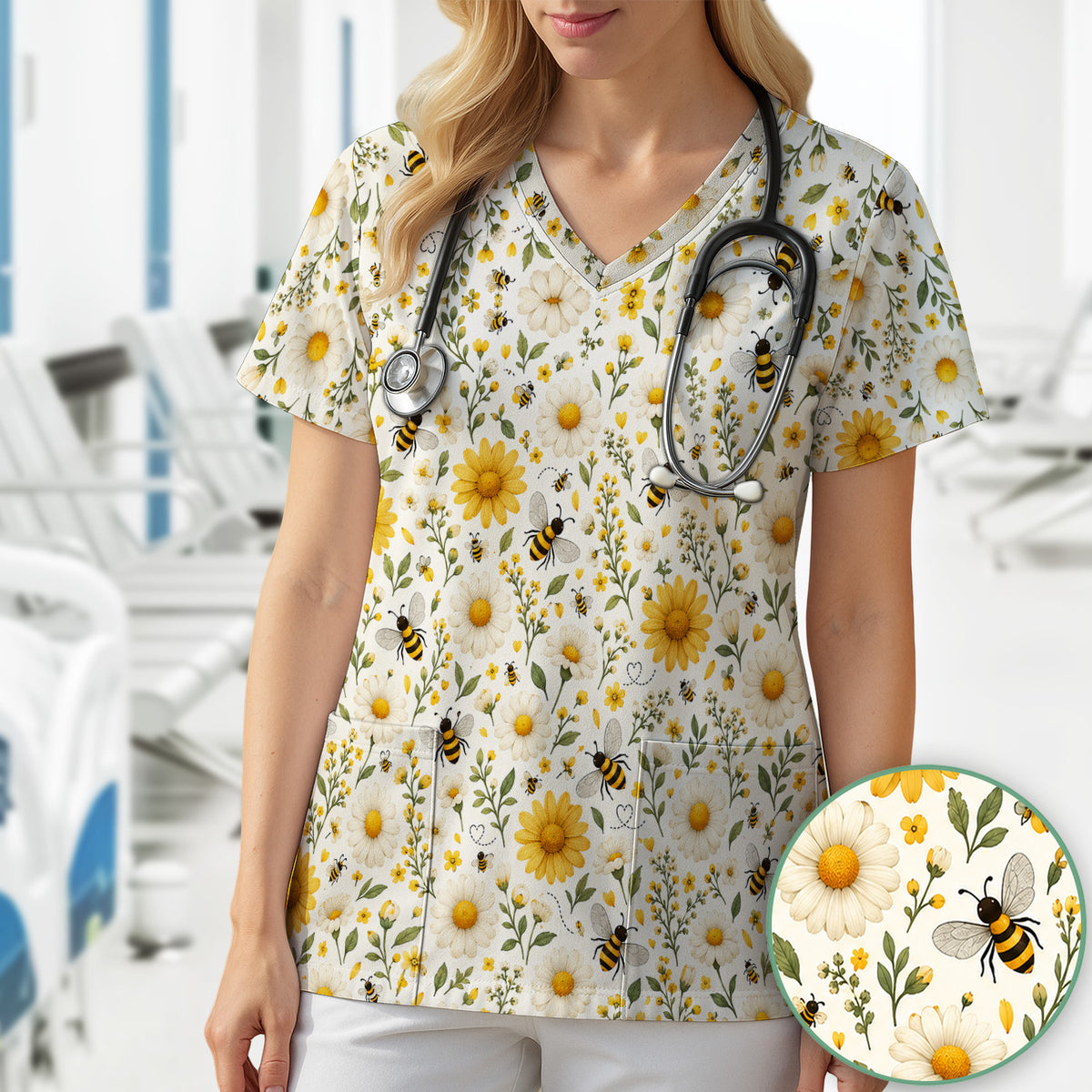 Cute Honey Bee And Daisy Pattern Scrub Top, Comfortable Scrubs for Nurses