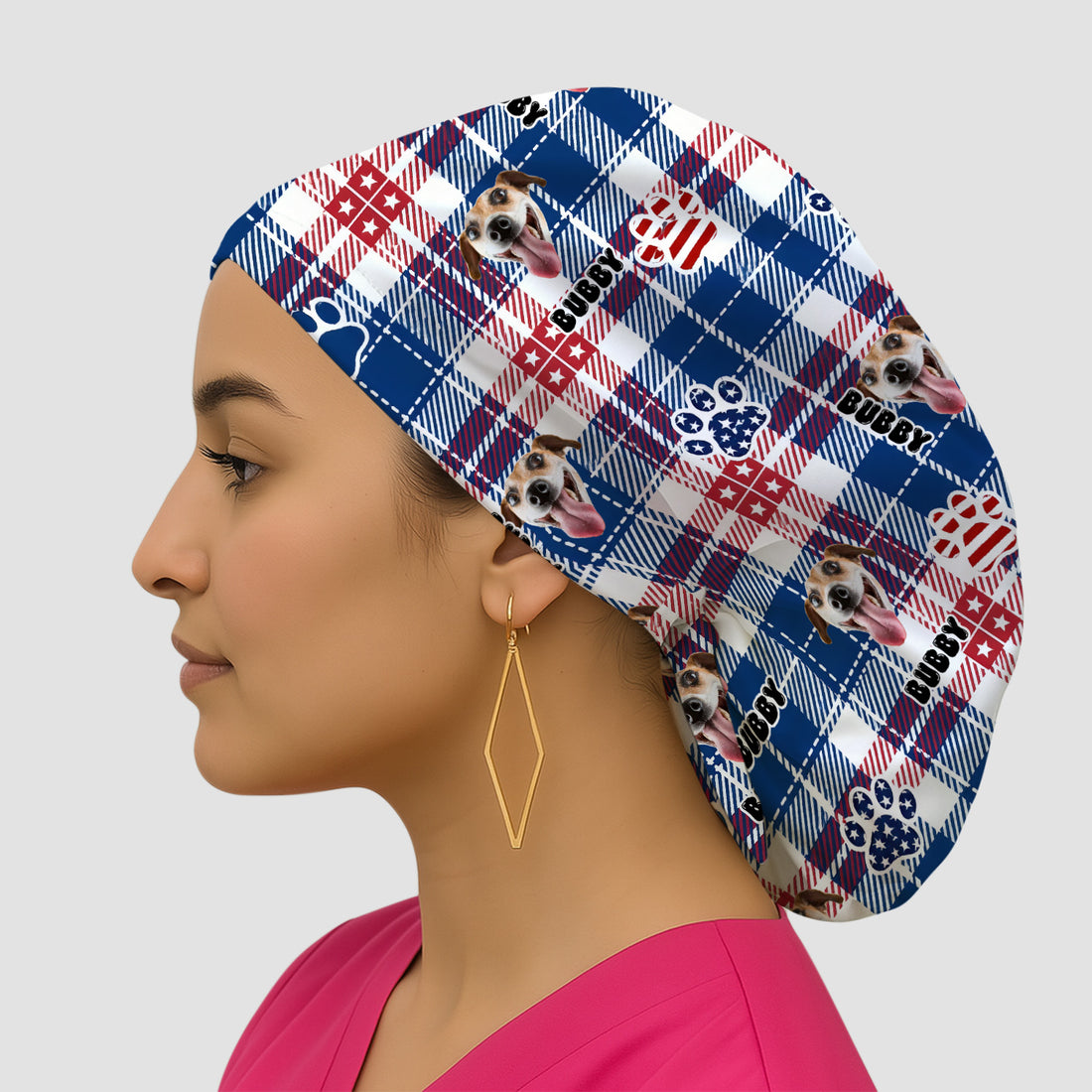 Custom Dog Face Scrub Cap, Patriotic Dog Plaid Pattern Shirt, Surgical Caps for Doctors