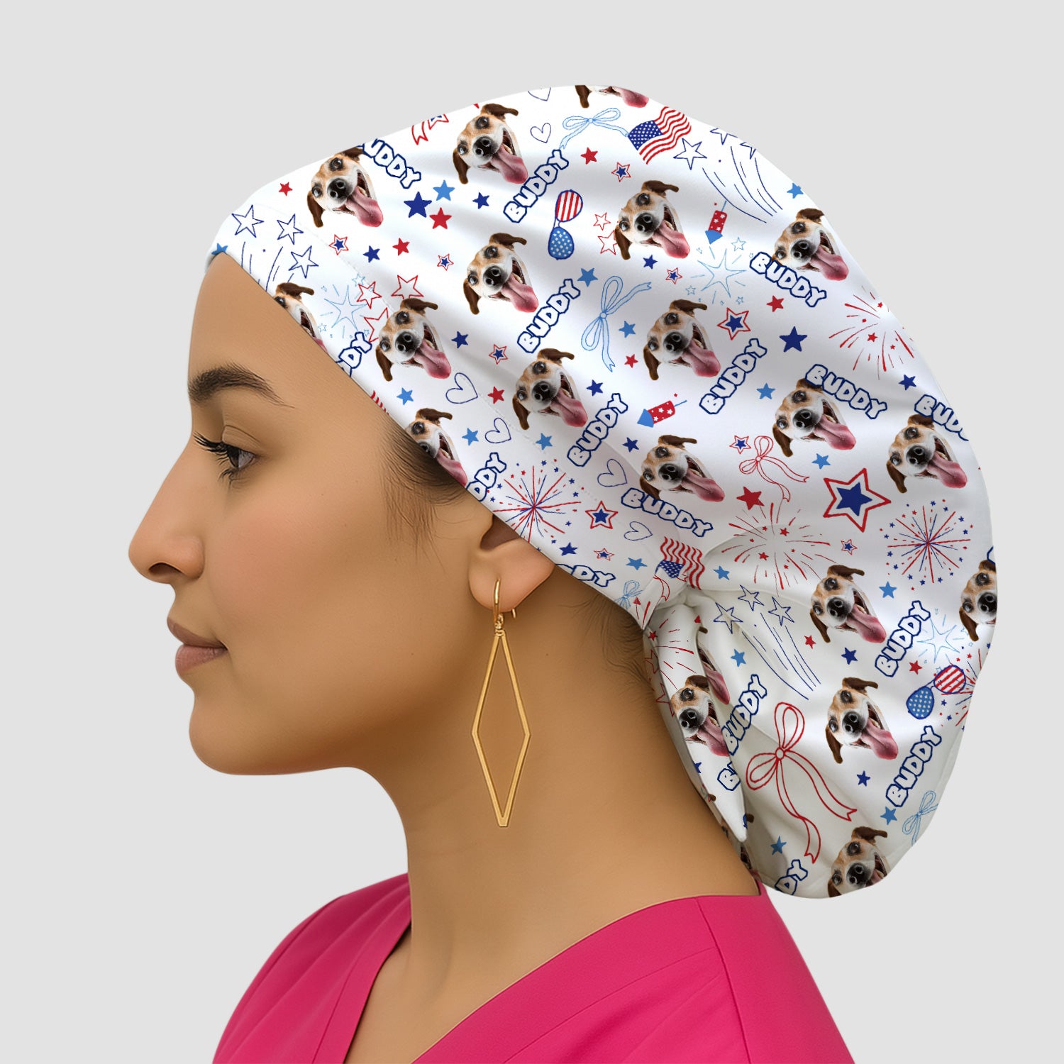 Personalized Patriotic Dog Face Name Pattern Scrub Cap, Surgical Caps for Doctors