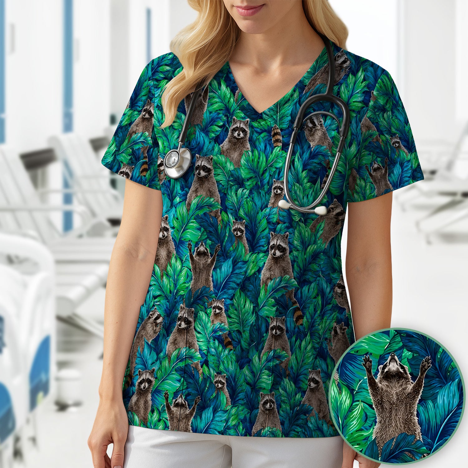 Tropical Raccoon Jungle Leaves Pattern Scrub Top, Comfortable Scrubs for Nurses