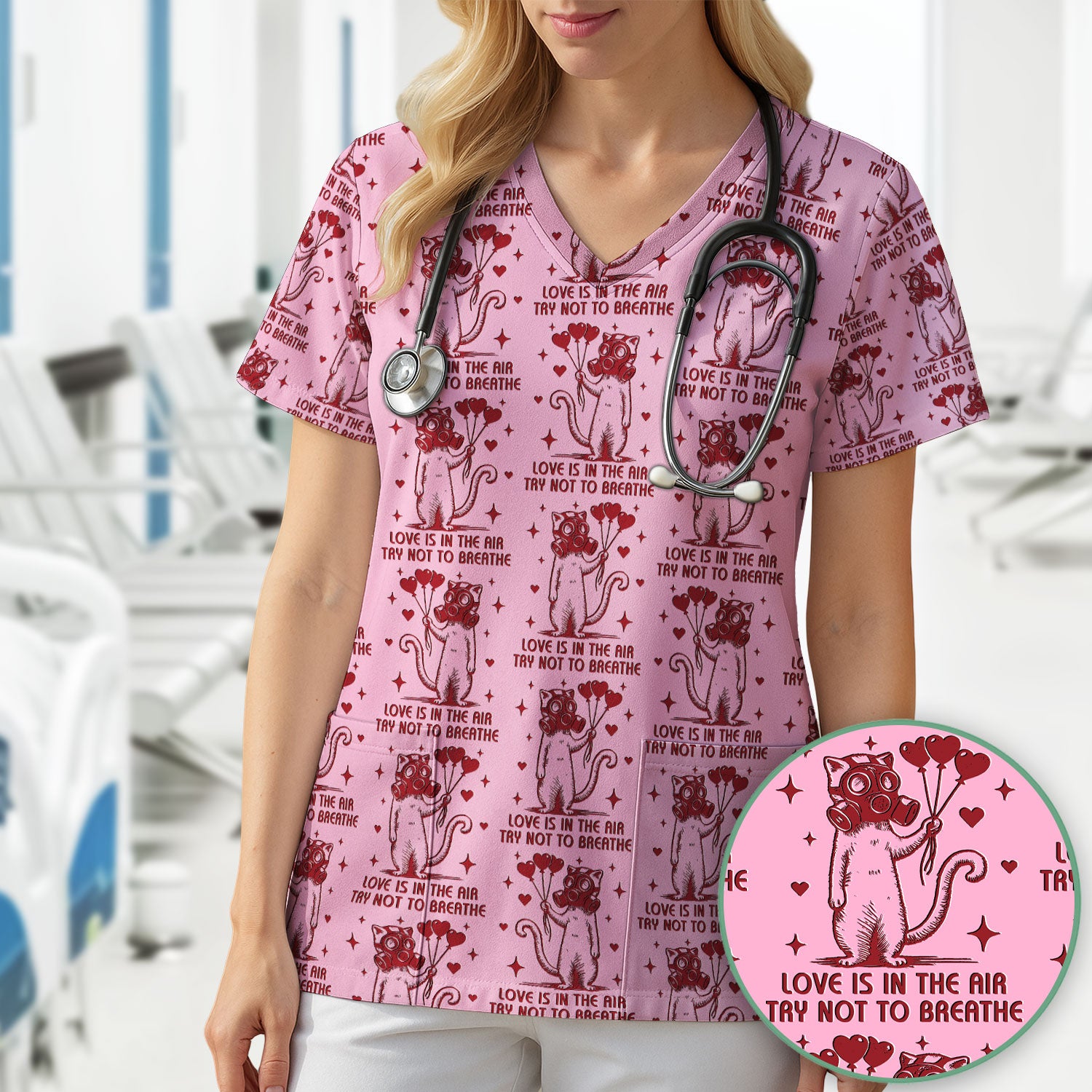 Gas Mask Cat Heart Balloon Valentine Print Scrub Top, Comfortable Scrubs for Nurses