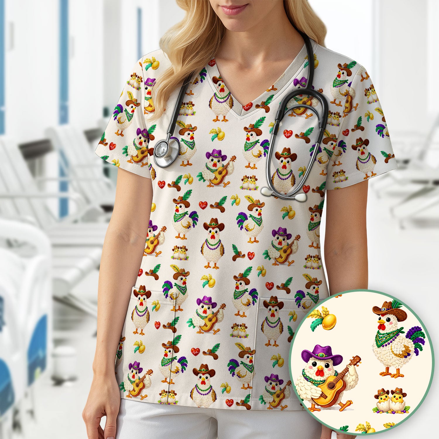 Funny Mardi Gras Rooster Cowboy Print Scrub Top, Comfortable Scrubs for Nurses