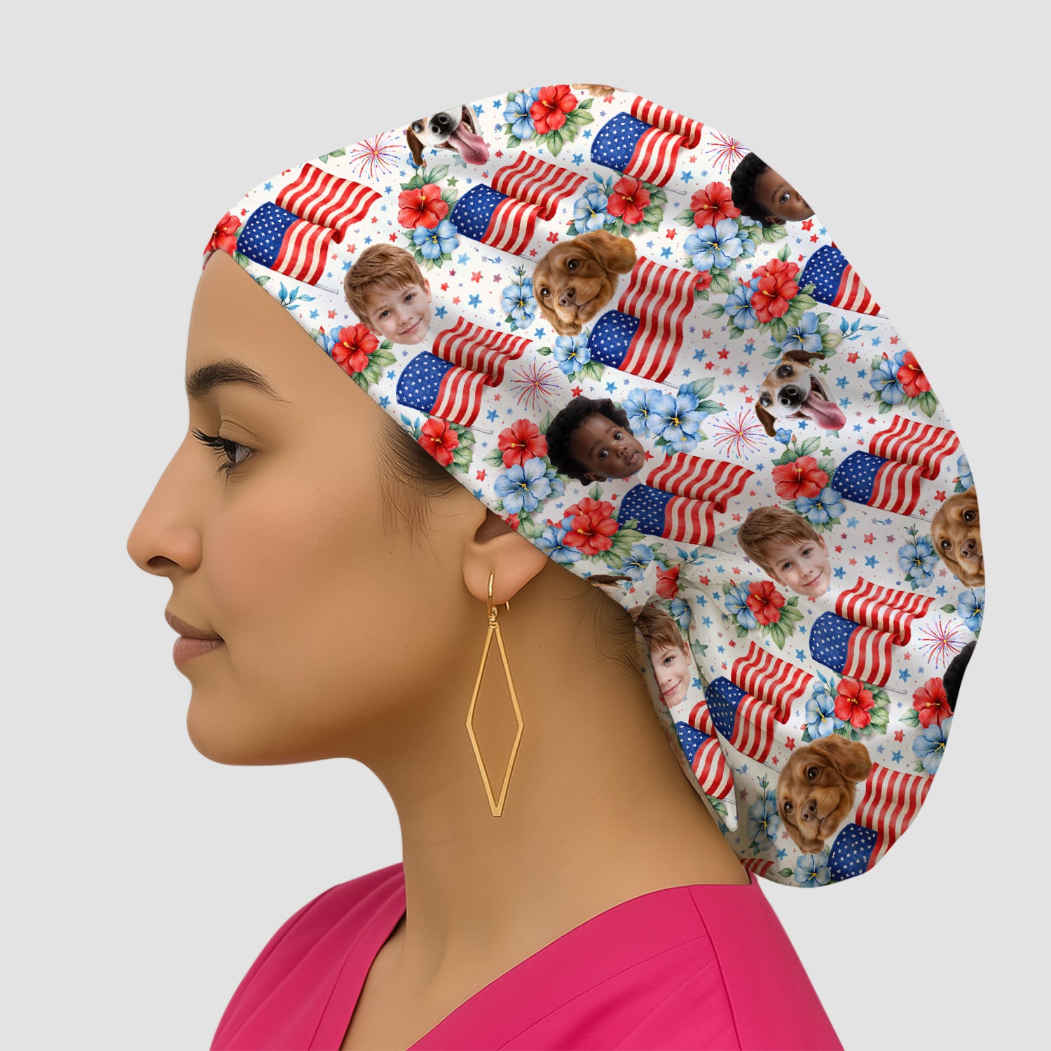 Custom Photo Patriotic Kids & Pet Faces Flag Nurse Scrub Cap, Surgical Caps for Doctors