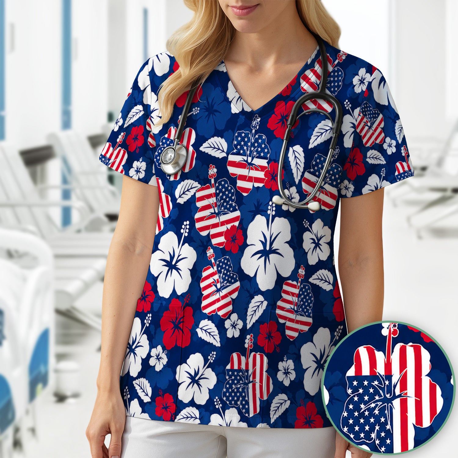 Patriotic Hibiscus Flag Floral Print Scrub Top, Comfortable Scrubs for Nurses