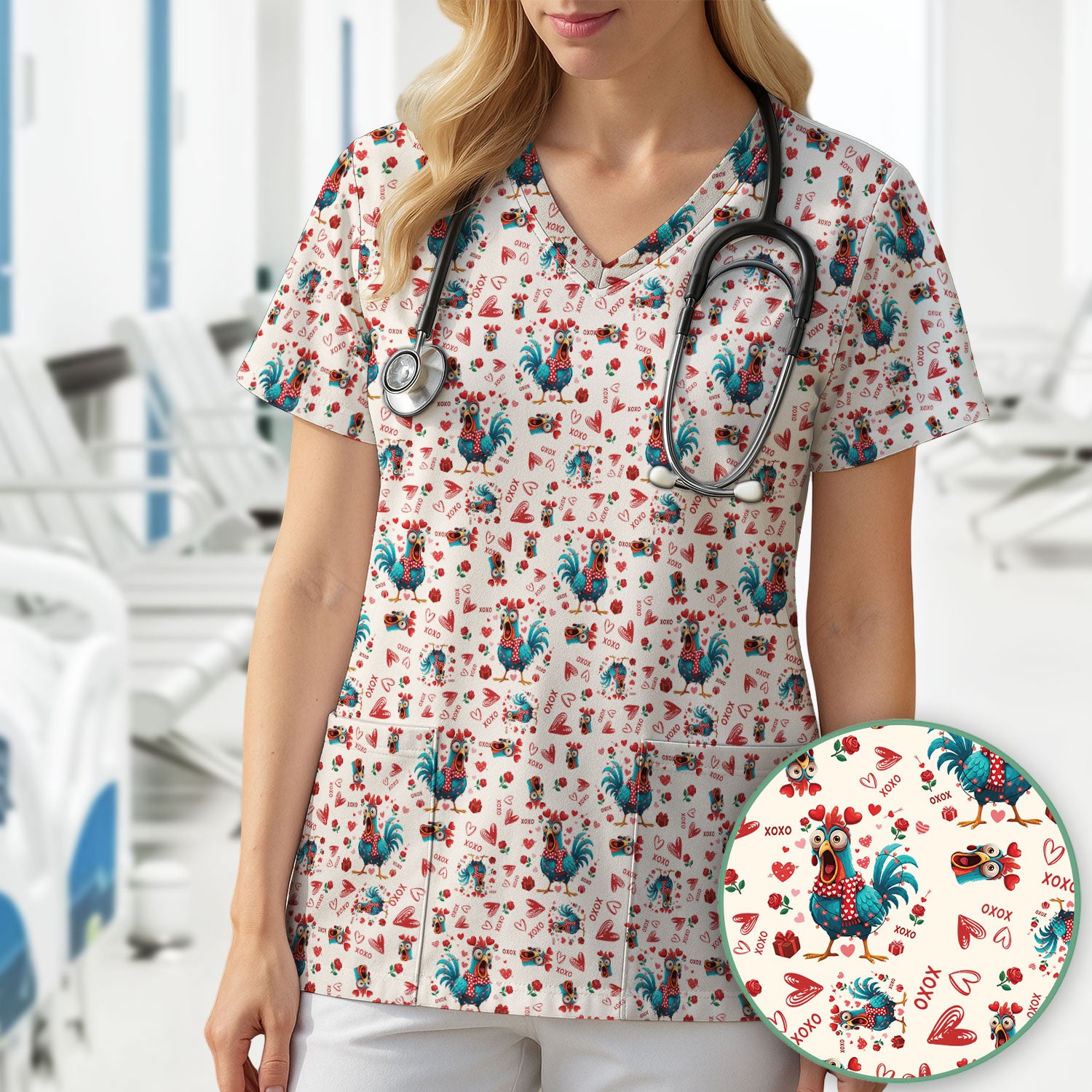 Funny Rooster Valentine Scrub Top, Cute Chicken XOXO Heart Pattern Nurse Shirt, Breathable Fabrics Nursing Uniform