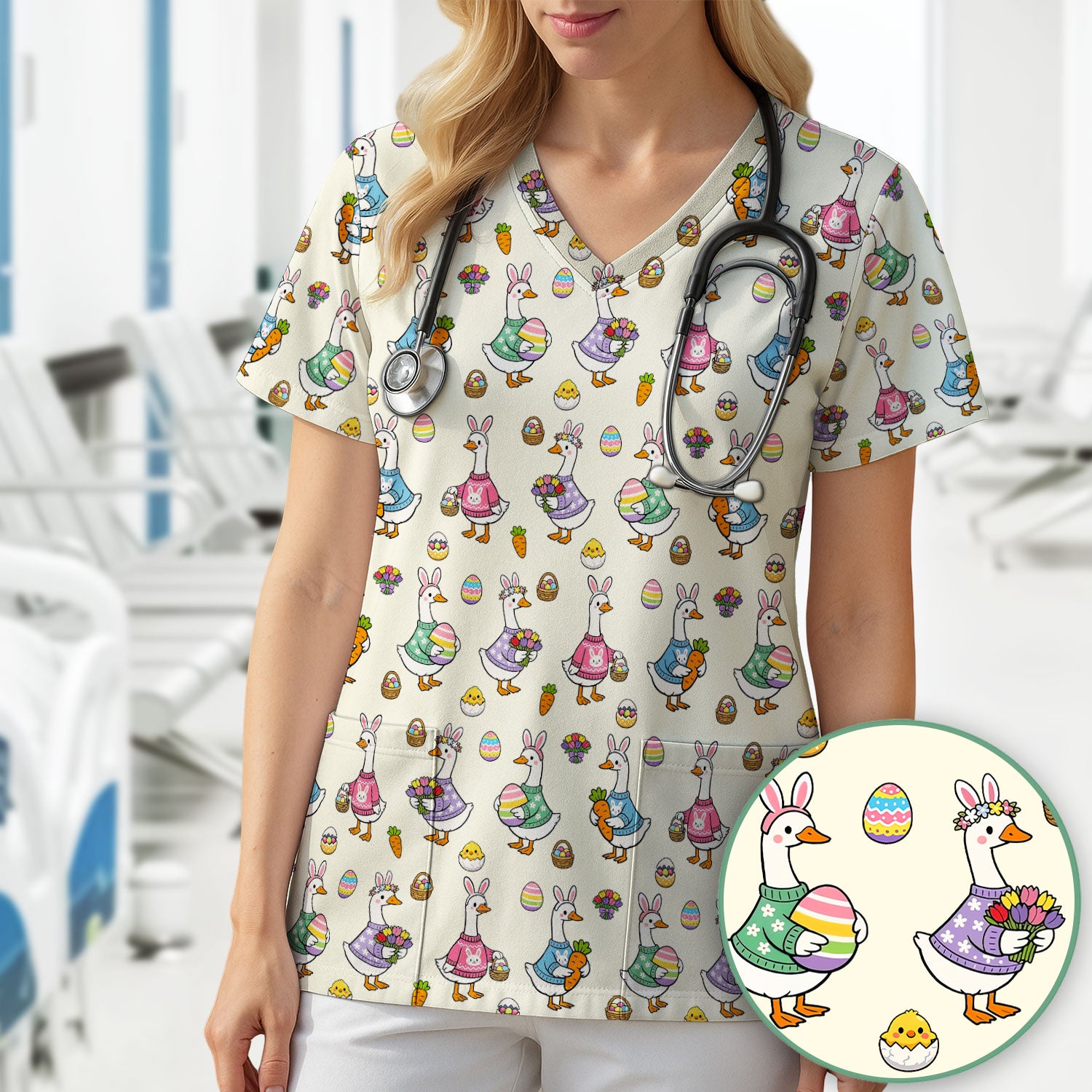 Cute Easter Goose Pattern Scrub Top, Breathable Fabrics Nursing Uniform
